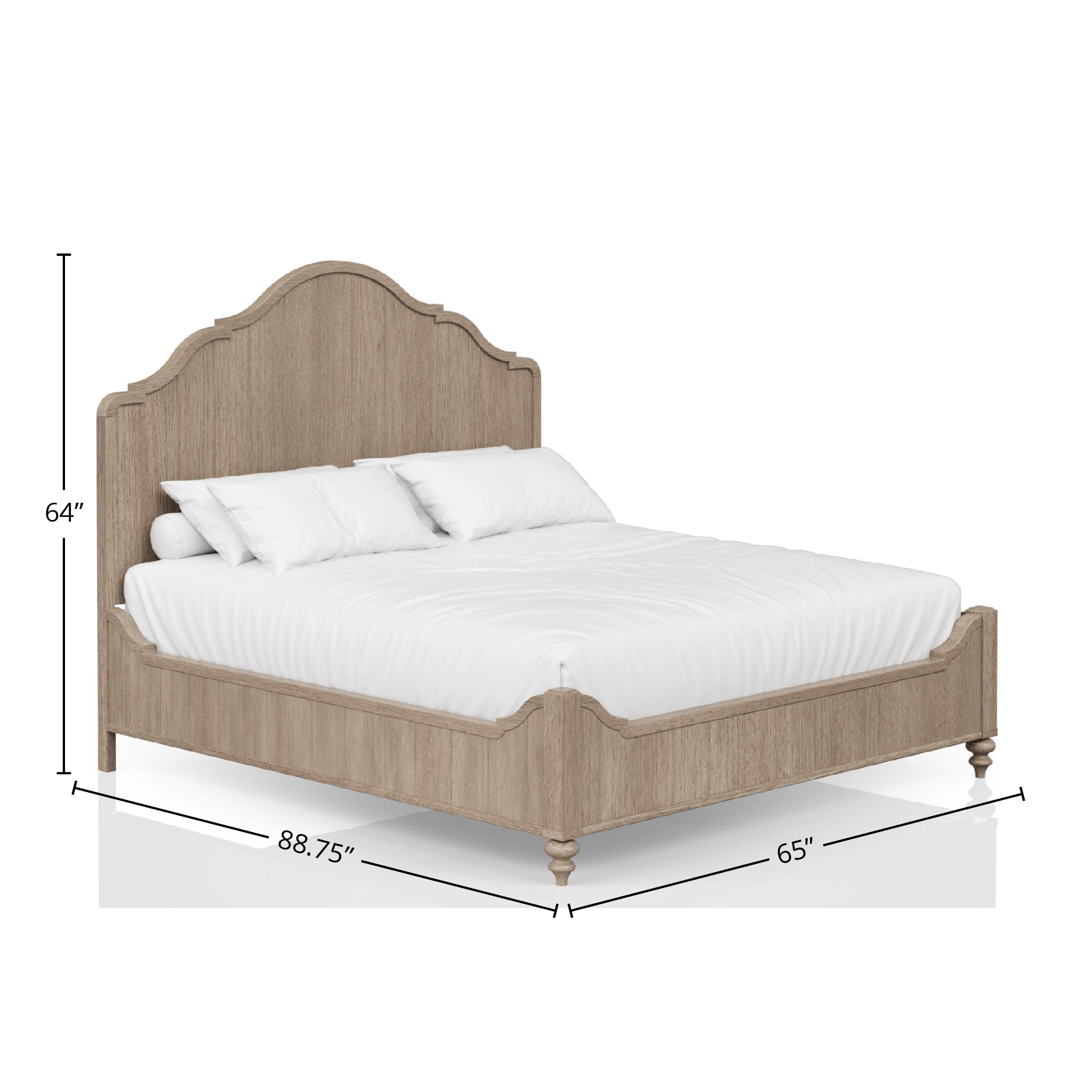 Queen Size Panel Bed with Curved Headboard and Turned Front Legs