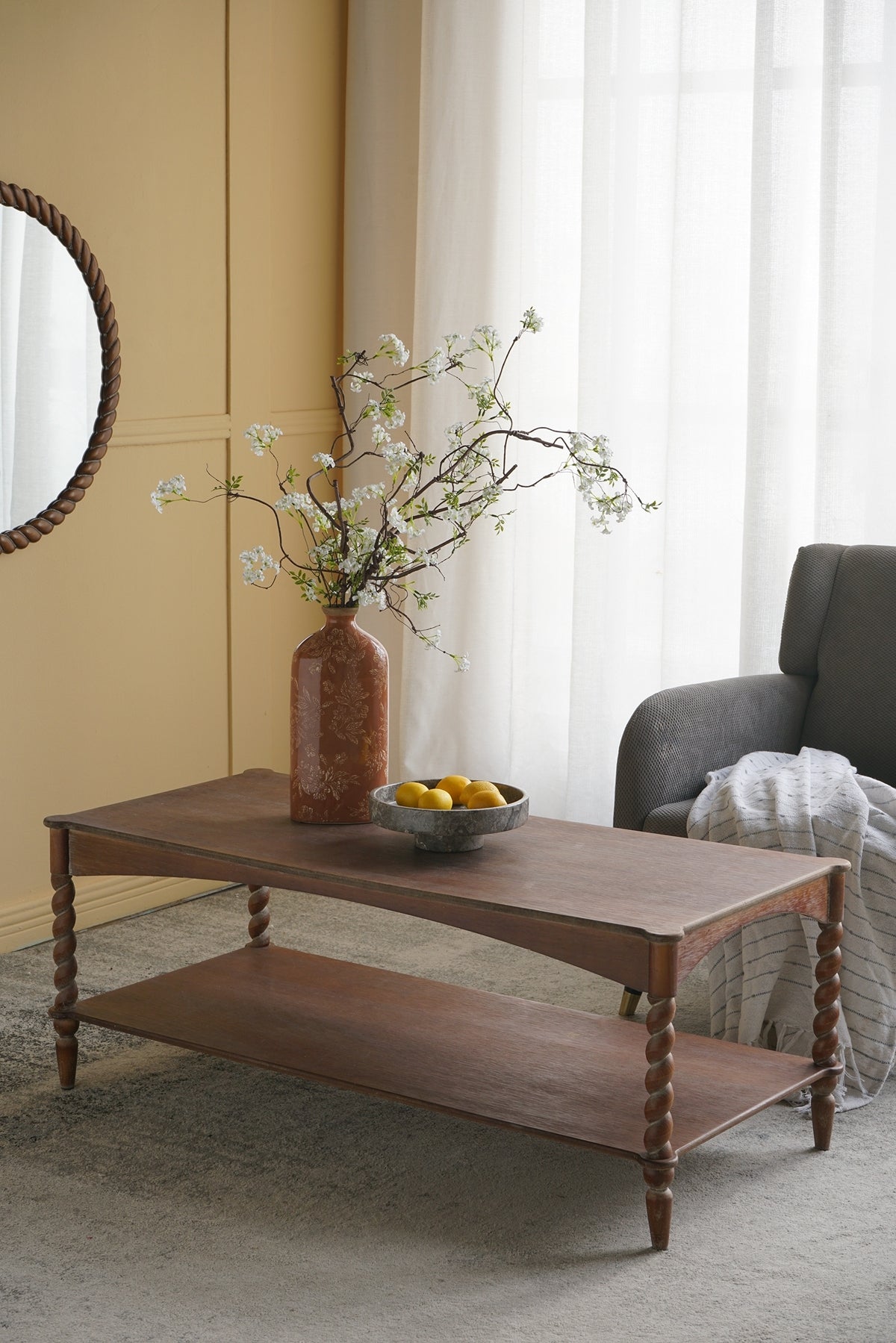 Rustic Brown Wood Coffee Table with Turned Spiral Legs