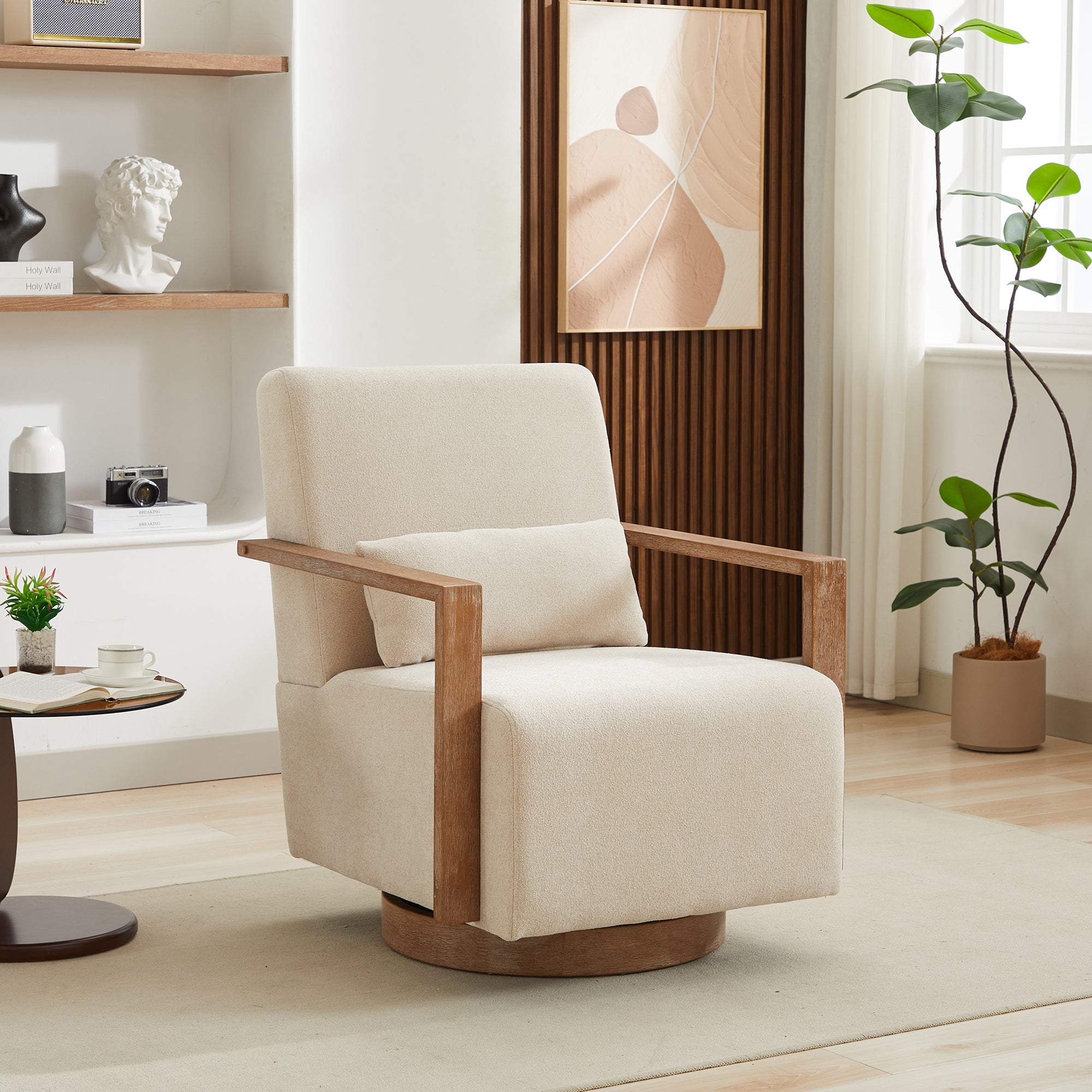 Swivel Modern Upholstered Accent Chair with Solid Wood Armrests