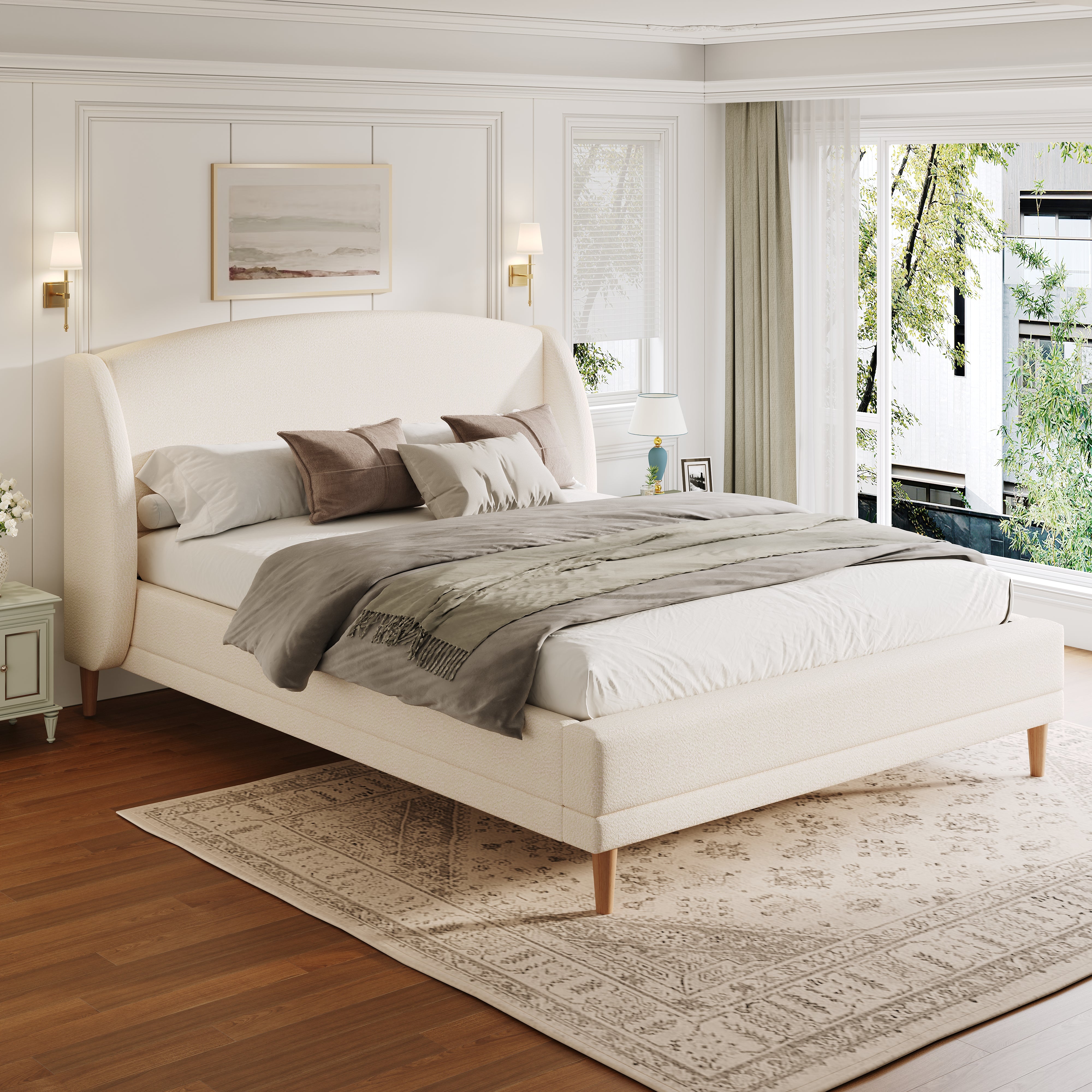Boucle Fabric Upholstered Platform Bed