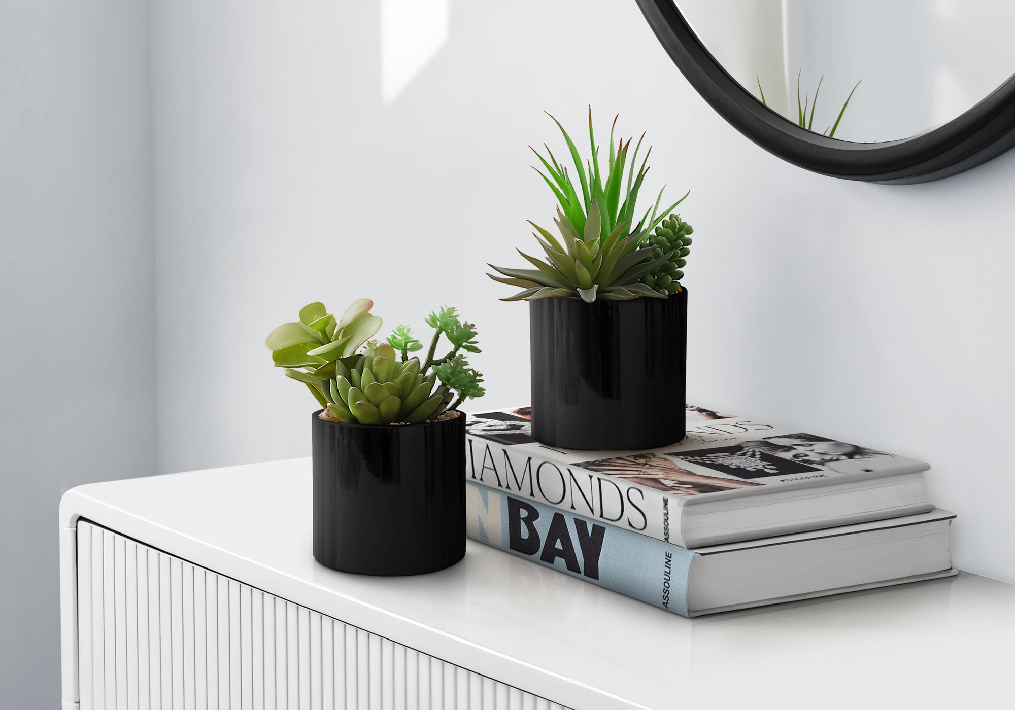 7" Faux Succulents with Black Pots, Set Of 2