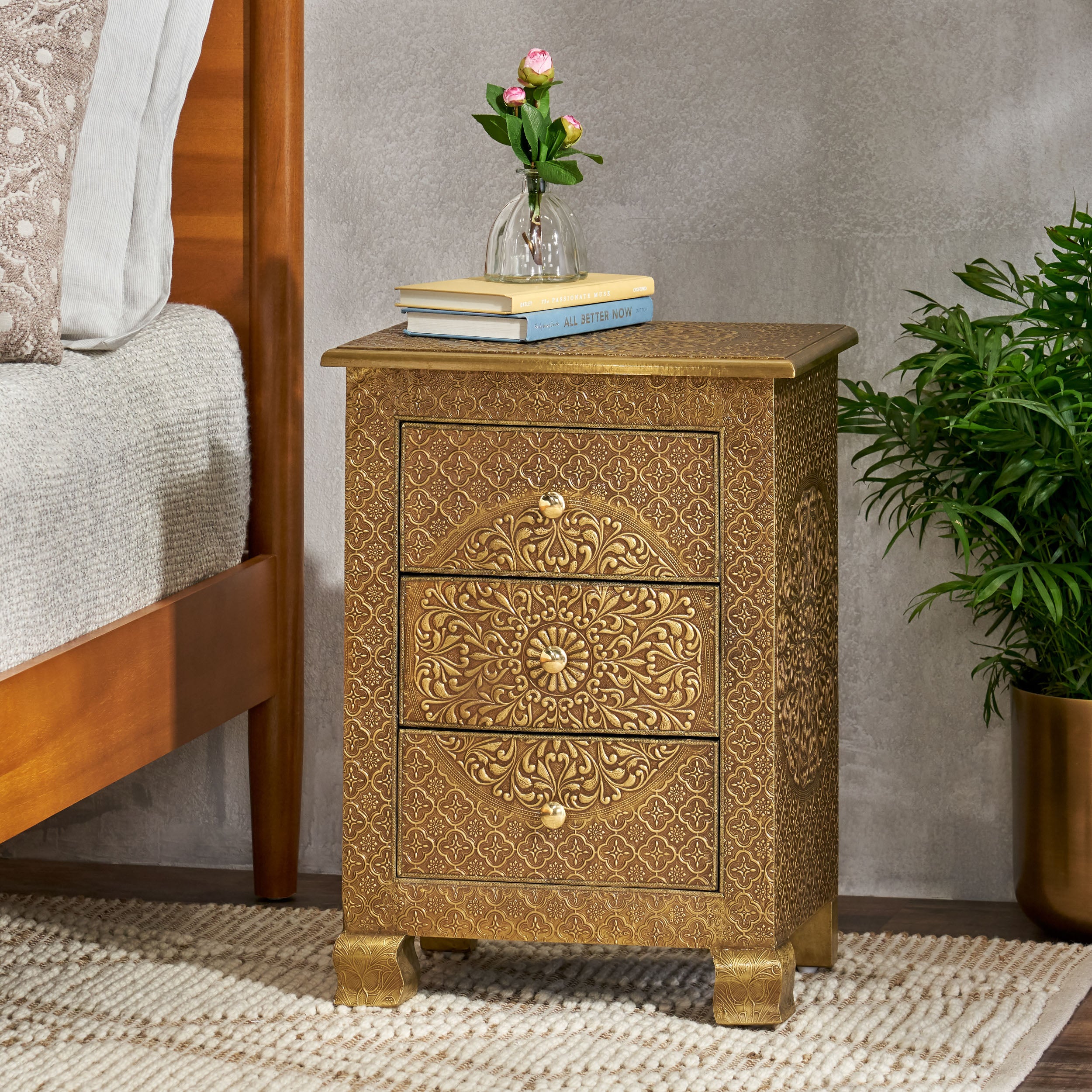 Brass Metal Clad 3-Drawer Nightstand