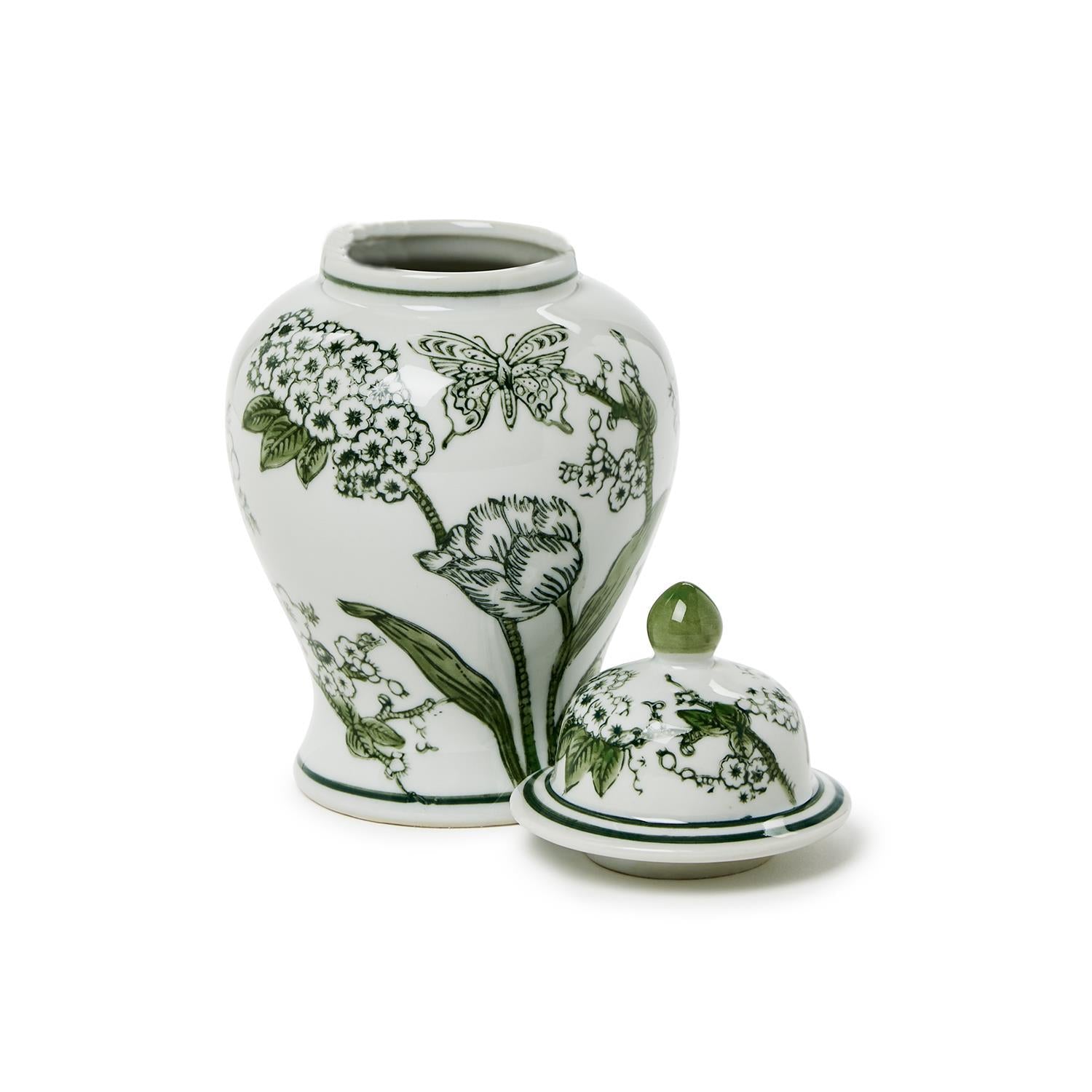 8" Primrose and Lotus Green and White Chinoiseire Jar with Lid