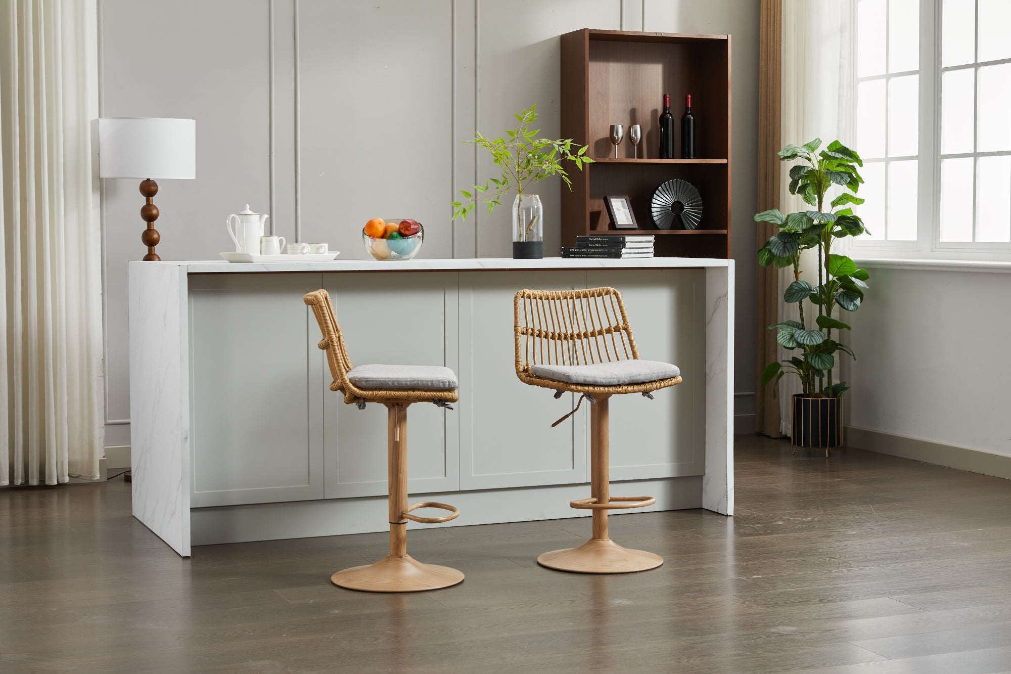 Swivel Counter Height Chair with Wicker Design and Footrest, Set of 2