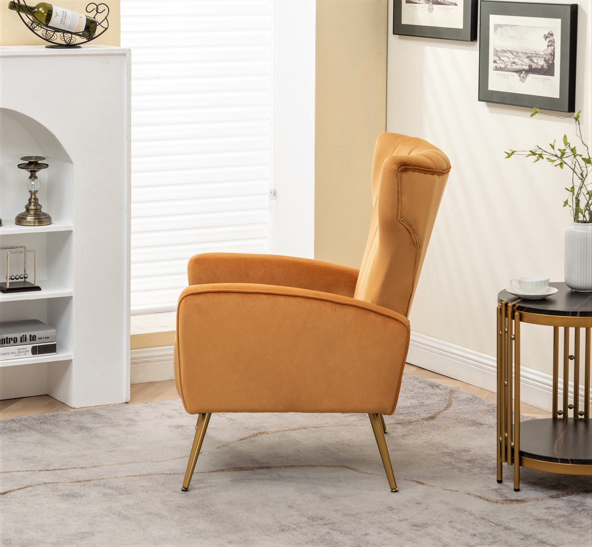 Velvet Accent Chair with Metal Legs, Modern Upholstered Armchair, Wingback Side Chair for Living Room Bedroom Small Spaces
