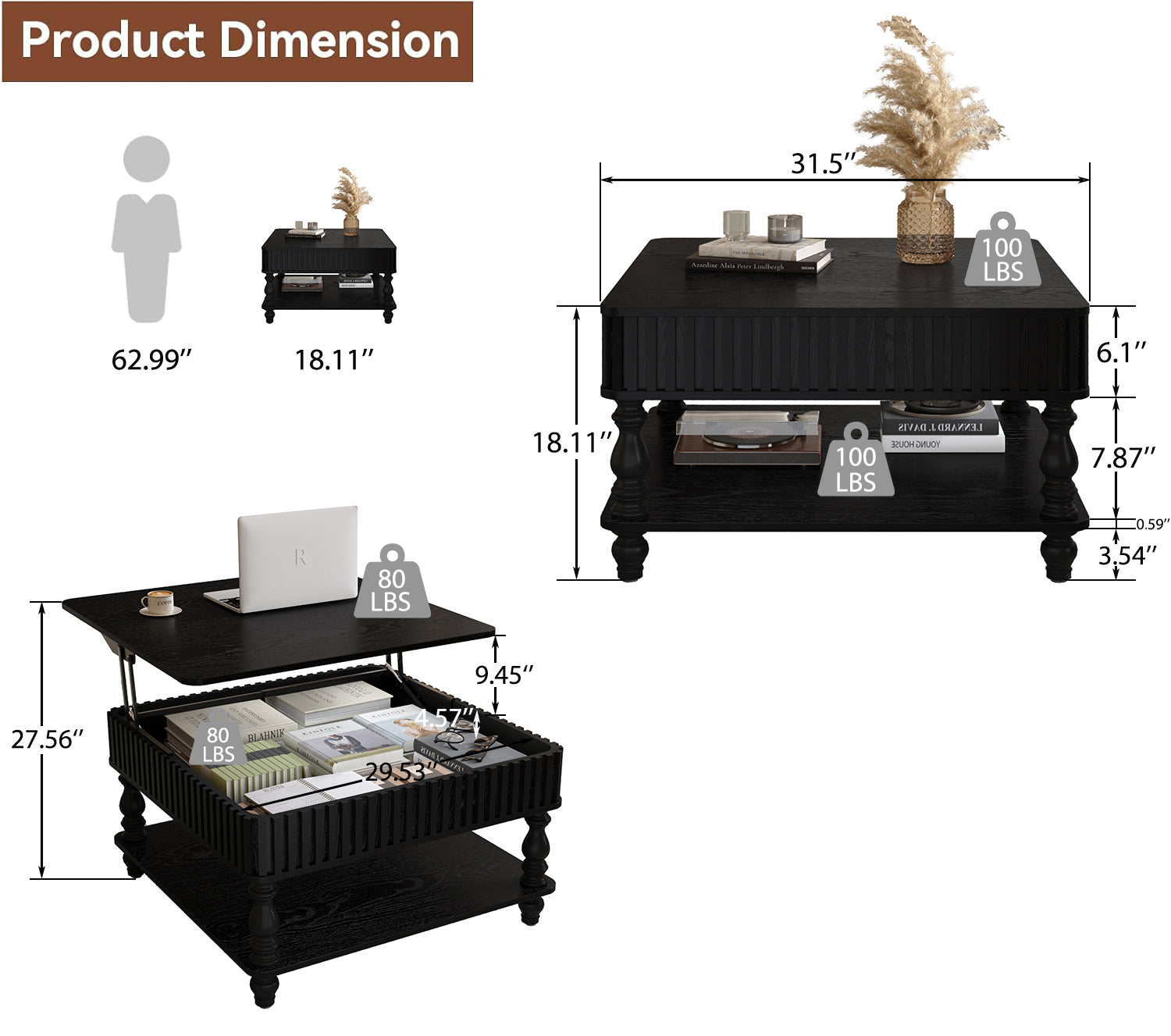 Square Fluted Lift-Top Coffee Table with Hidden & Open Storage