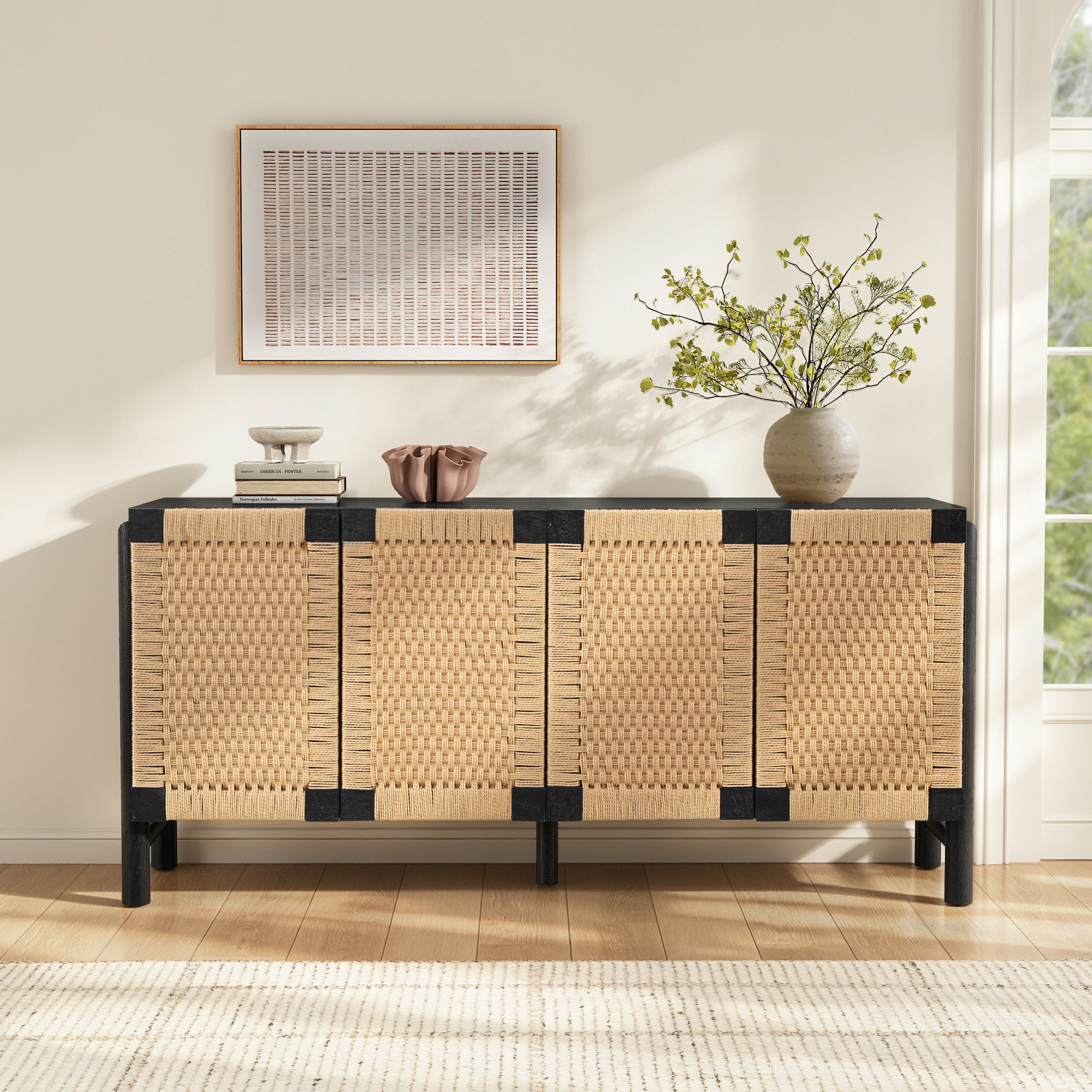 Natural Farmhouse Cabinet with Handwoven Paper Rope Doors