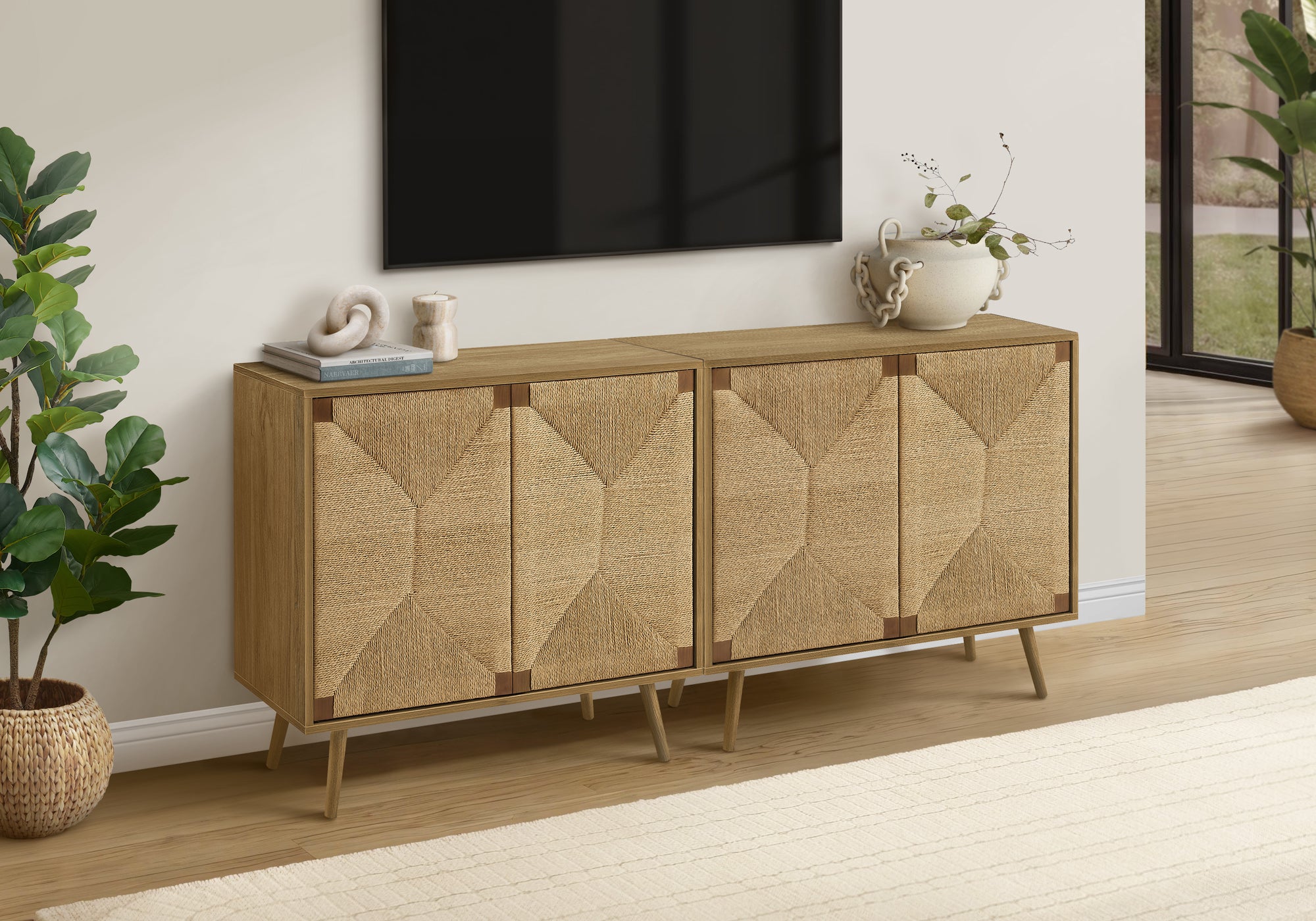 Mid Century Seagrass-Look 2-Door Accent Chest