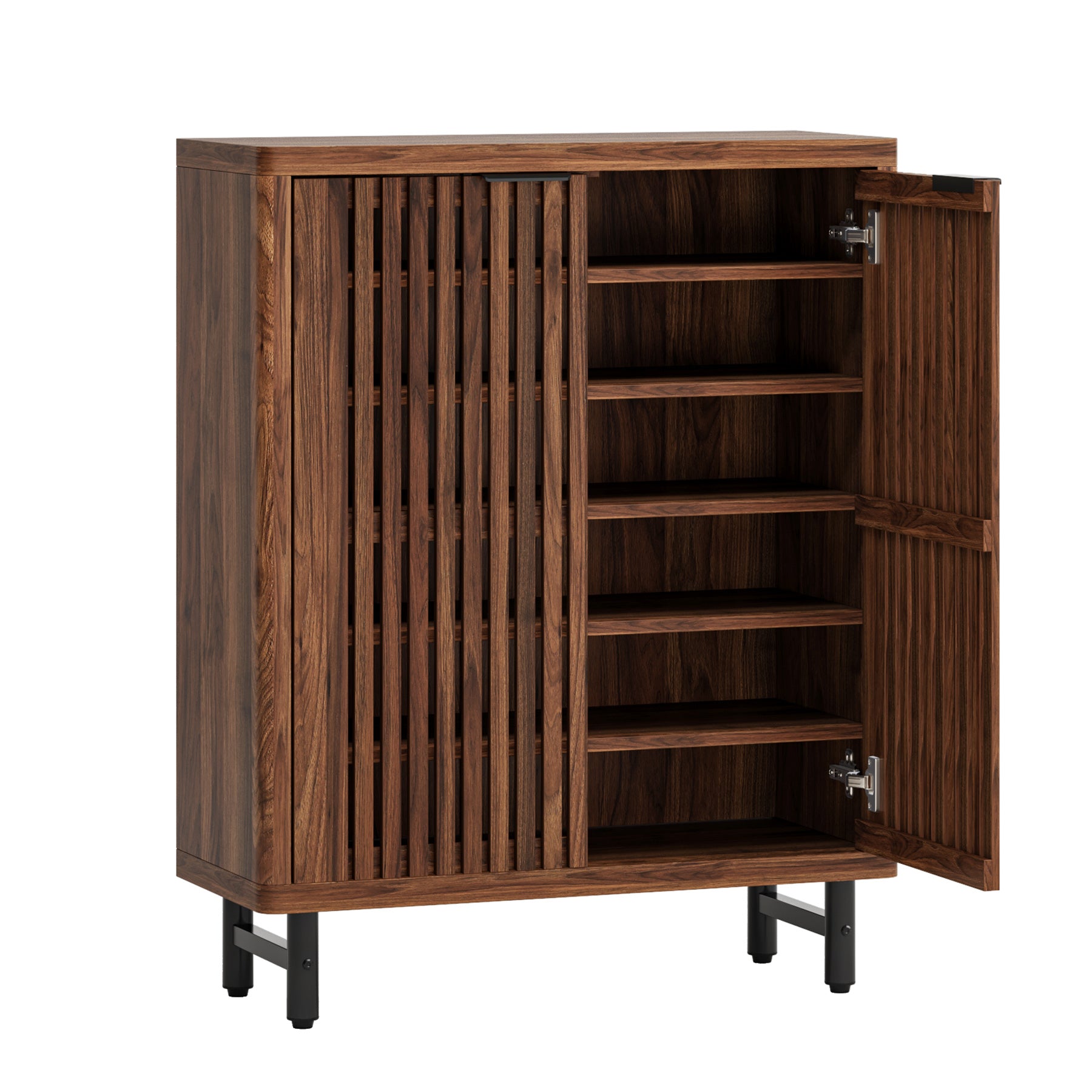 Modern Black Wooden 6-Tier Shoe Cabinet with Louvered Doors