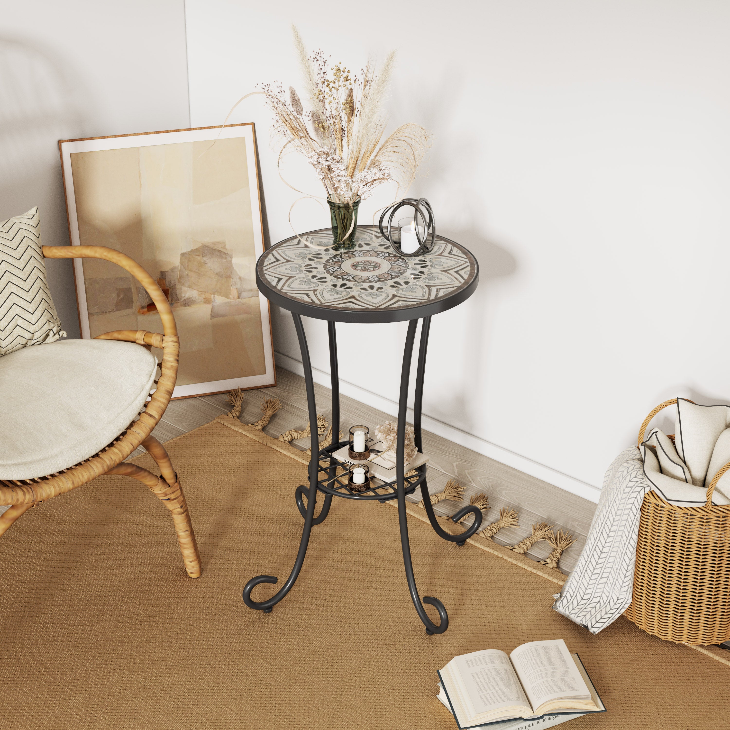 Vortexes Outdoor Side Table with Shelf and Curved Legs