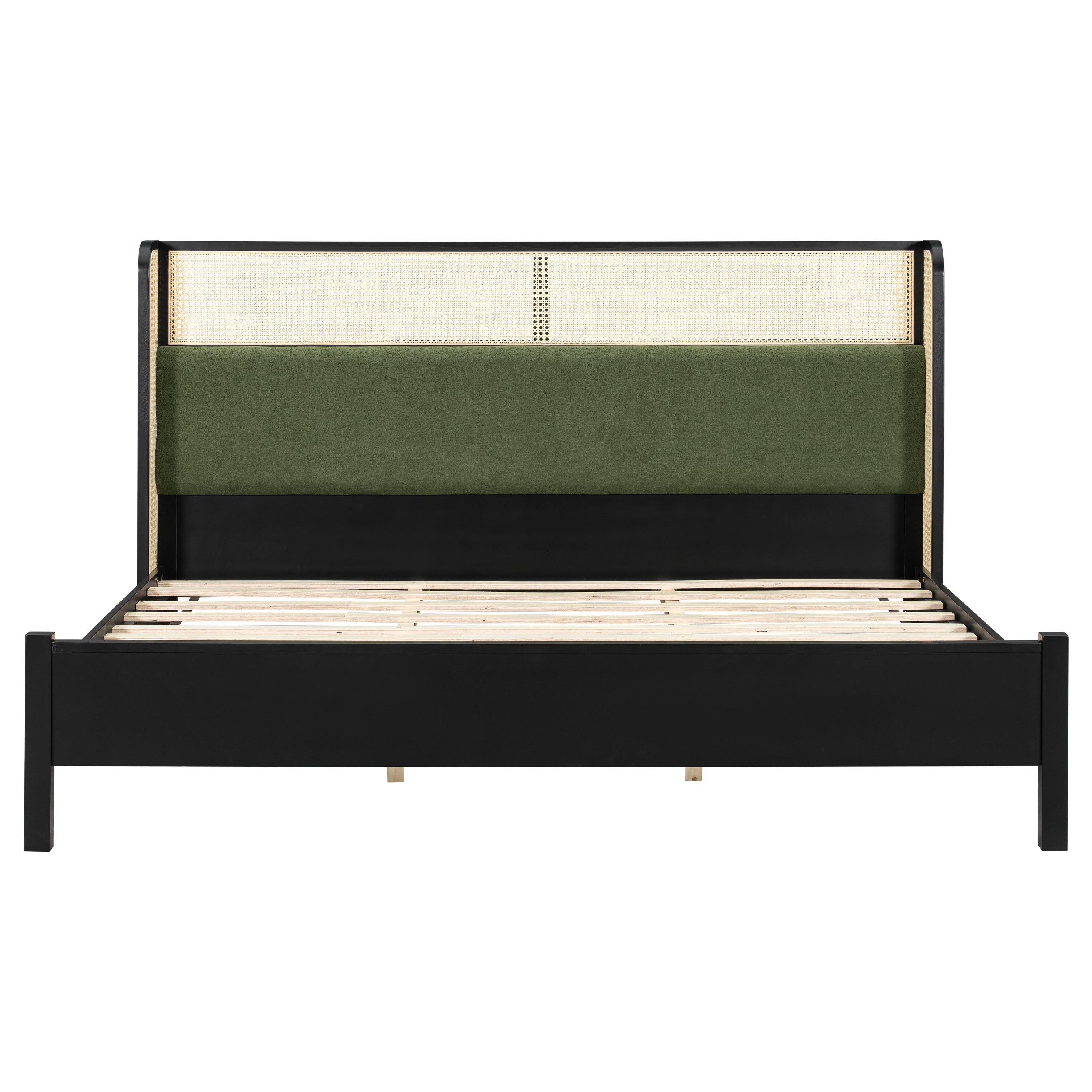 Queen Size Bed Frame with Green Headboard, Black with Green Solid Wood  Bed, No Box Spring Required, Modern Bedroom Furniture