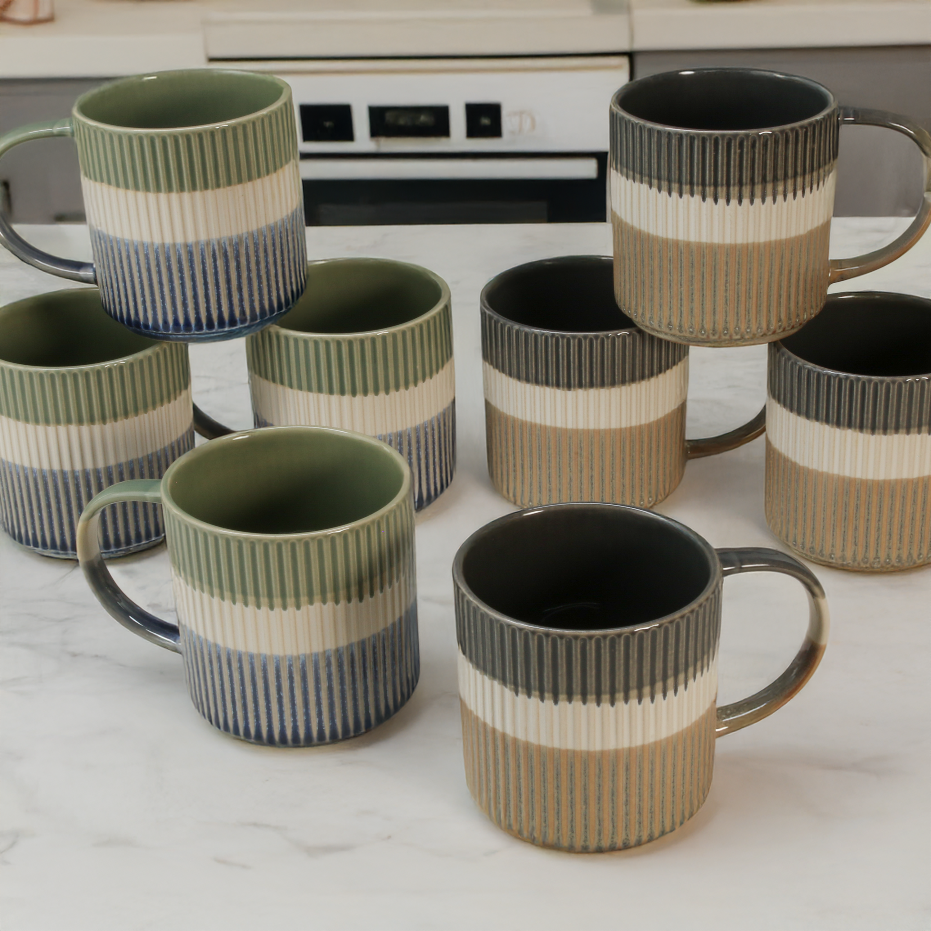 Tri-Color Mugs, 8-Piece Set