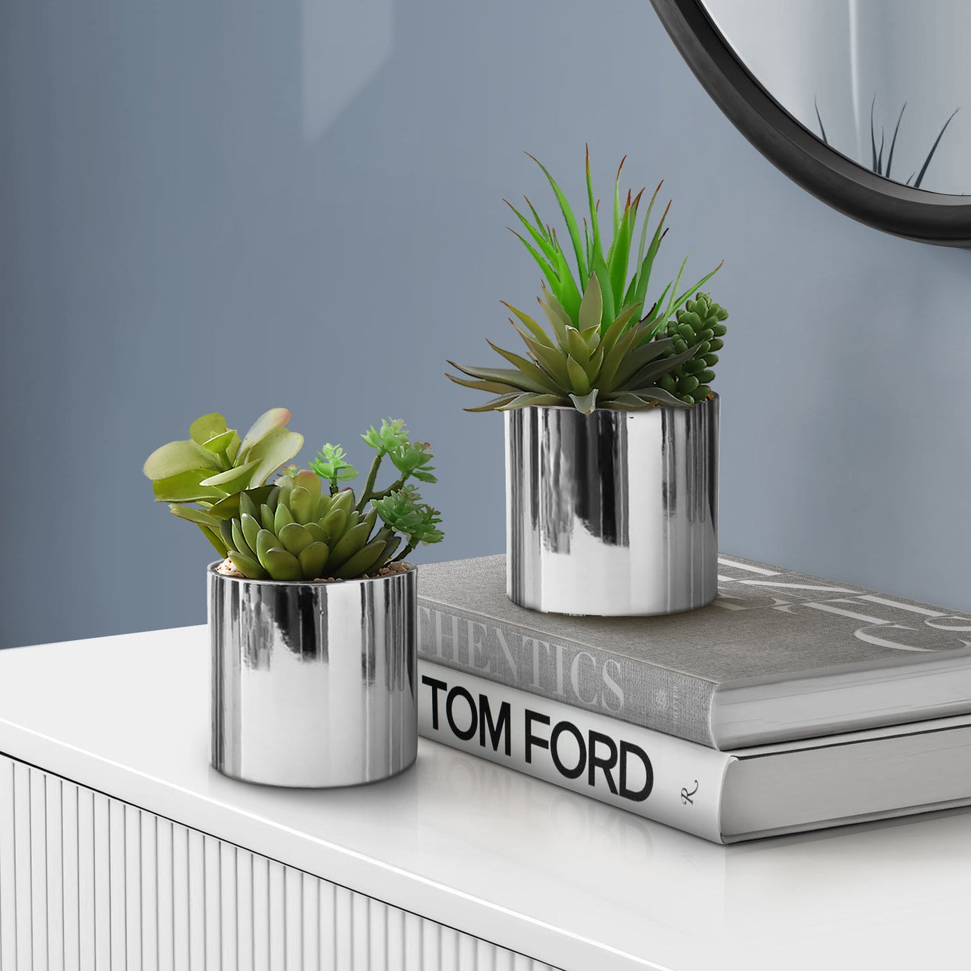 7" Faux Succulents with Chrome Pots, Set Of 2