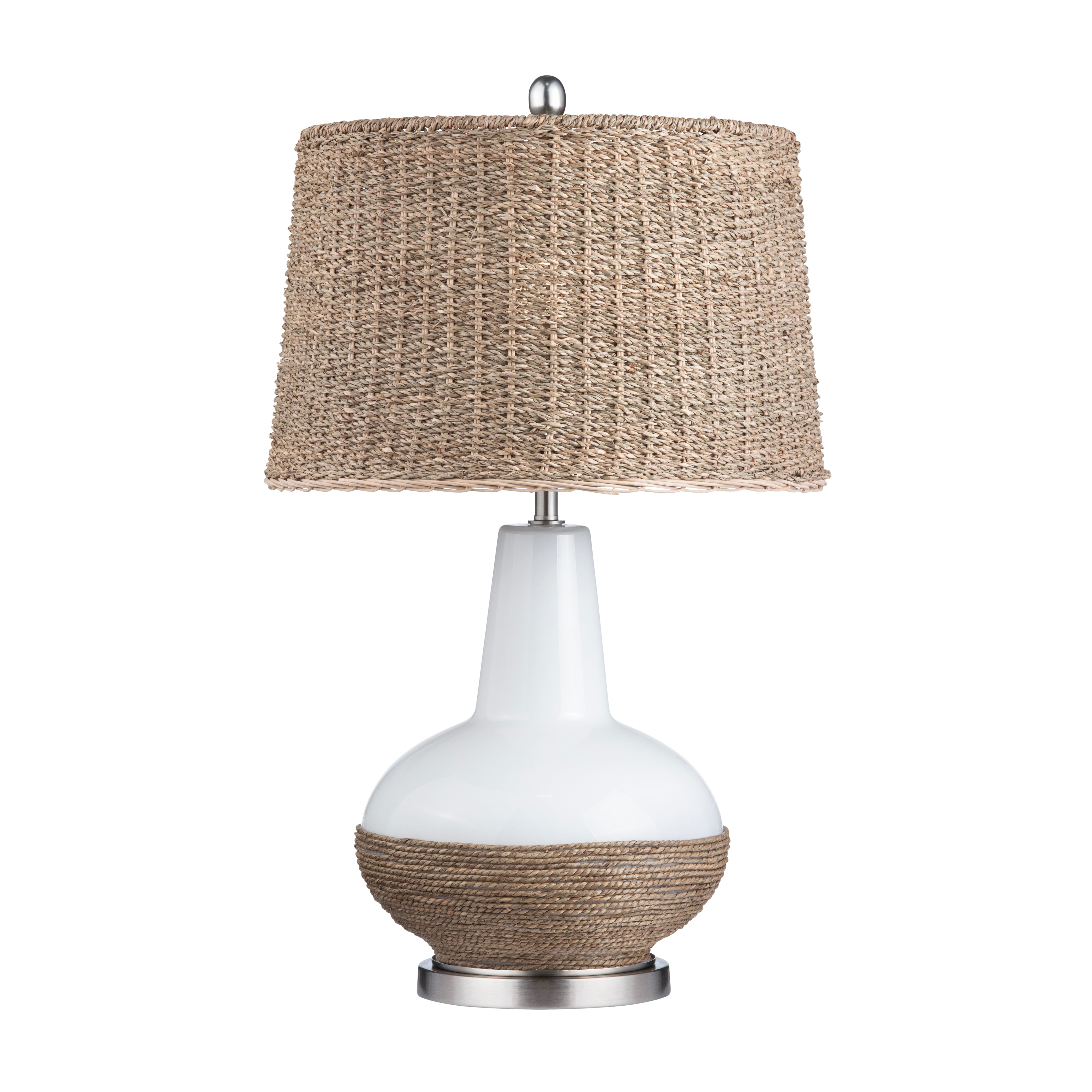 White Ceramic and Rattan Table Lamp with Rattan Shade