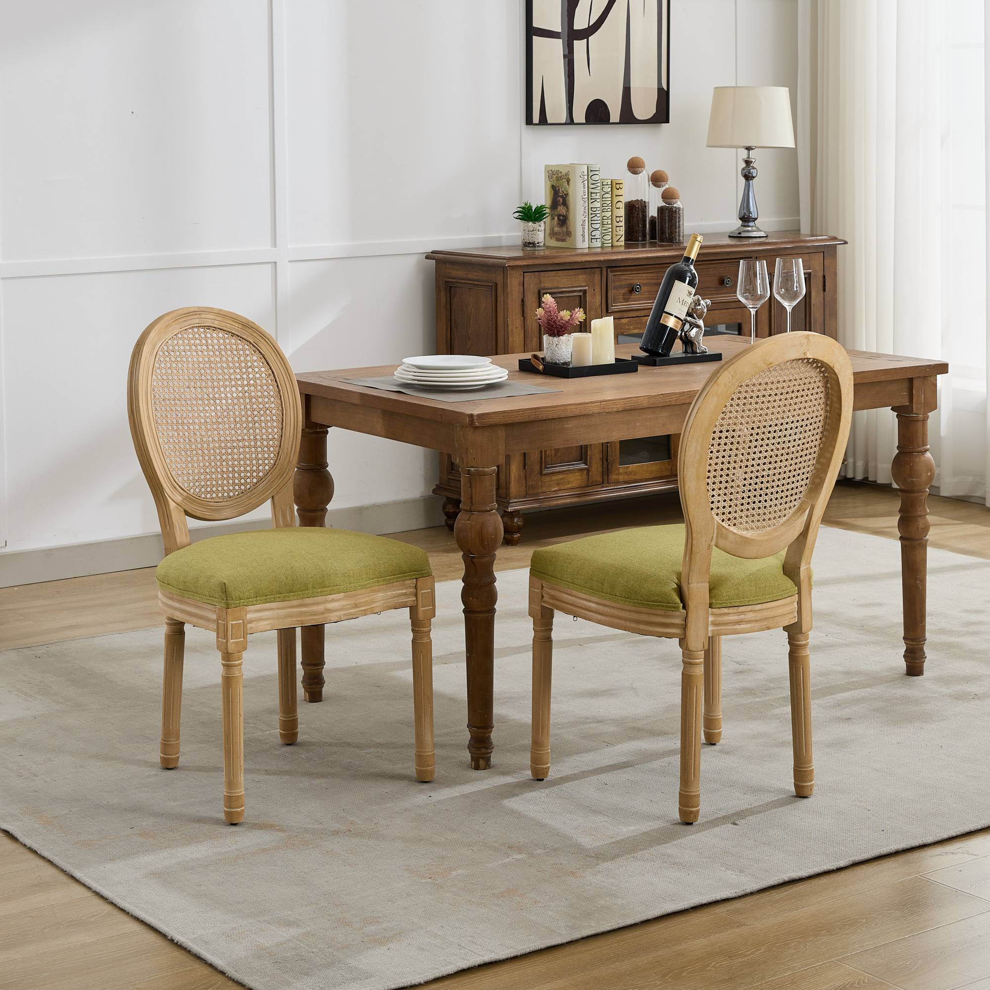 French Country Dining Chairs with Round Rattan Backrest, Set of 2