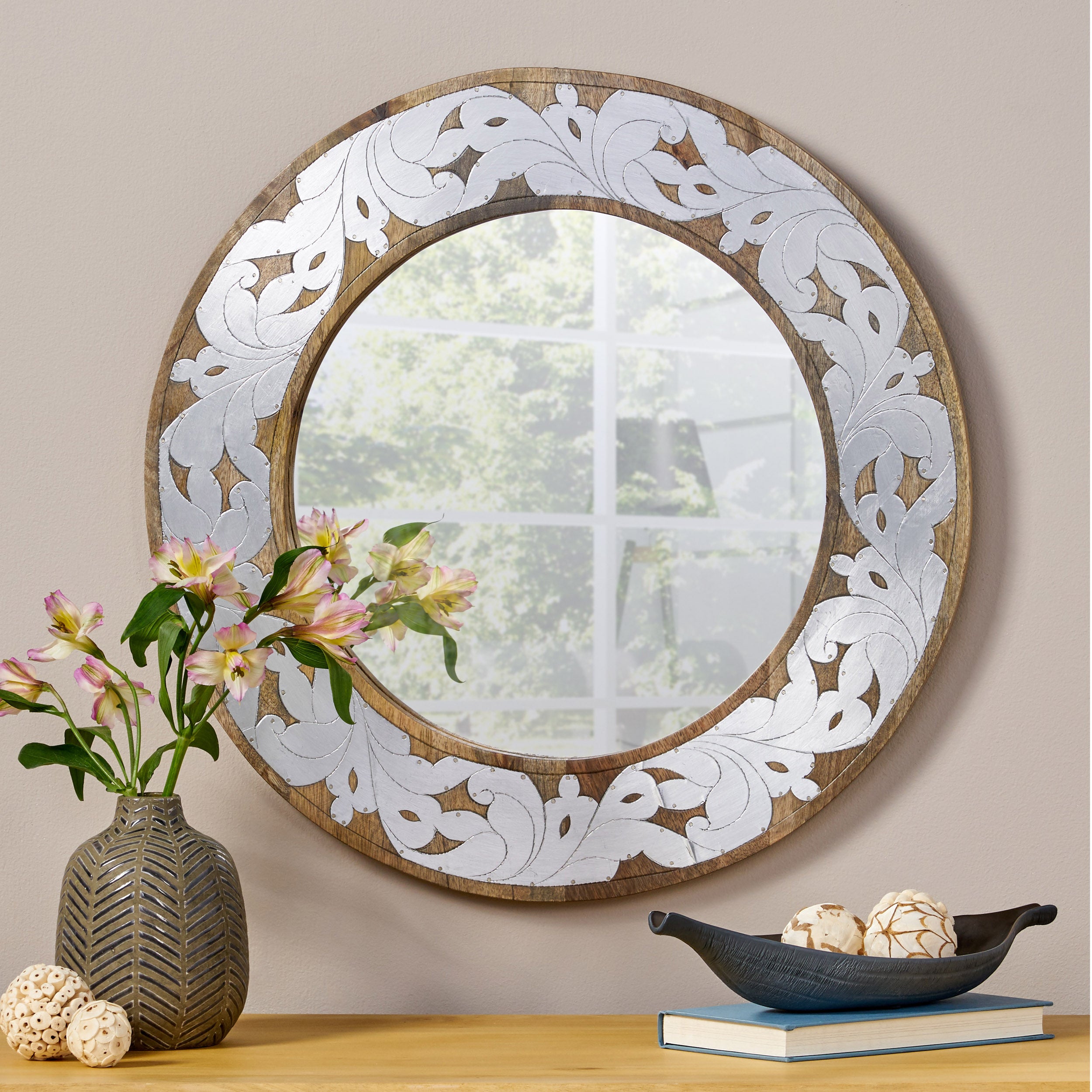 Round Wall Mirror with Metal Floral Pattern and Wood Frame