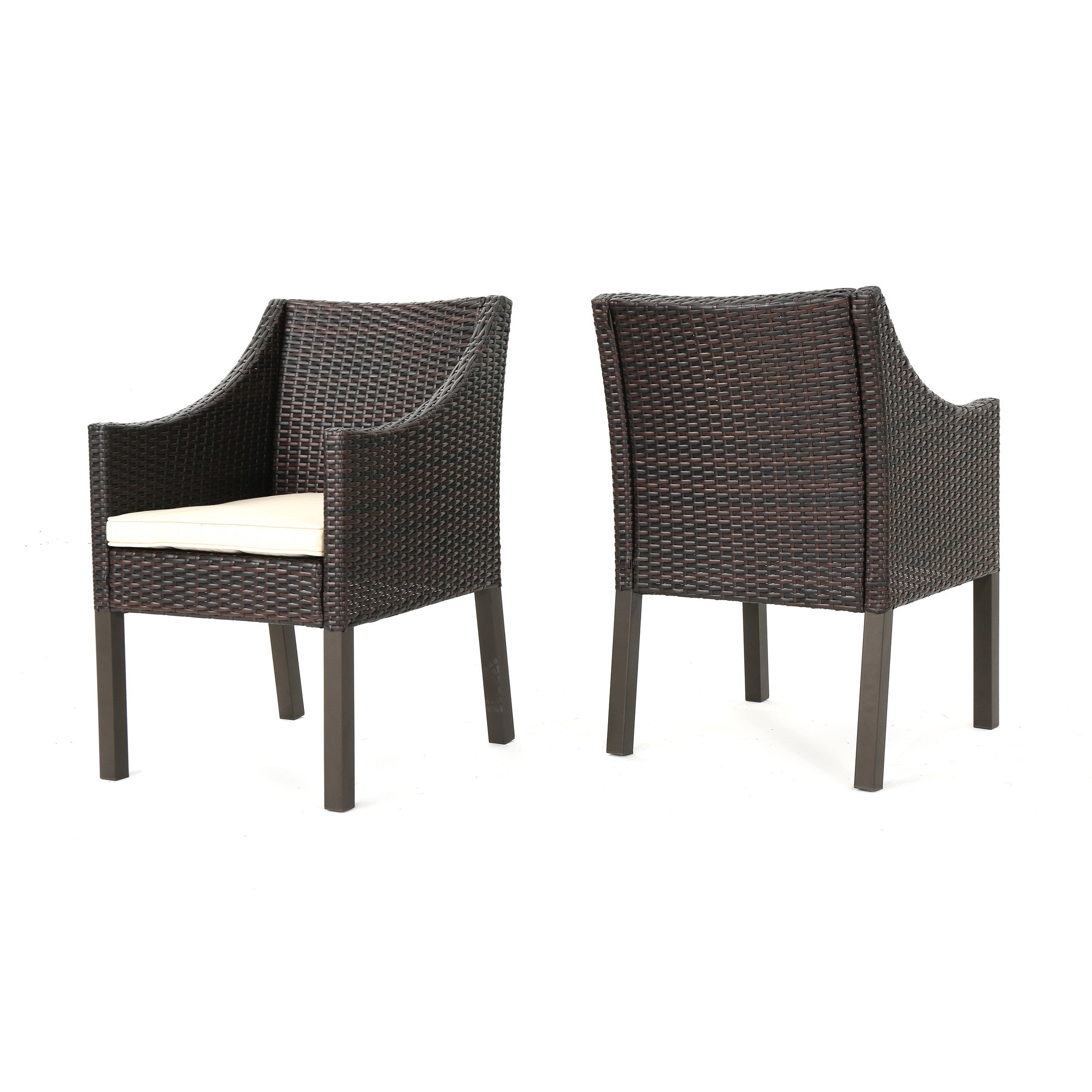 Outdoor Rattan Dining Chair with Straight Legs and Sloped Arms, Set of 2