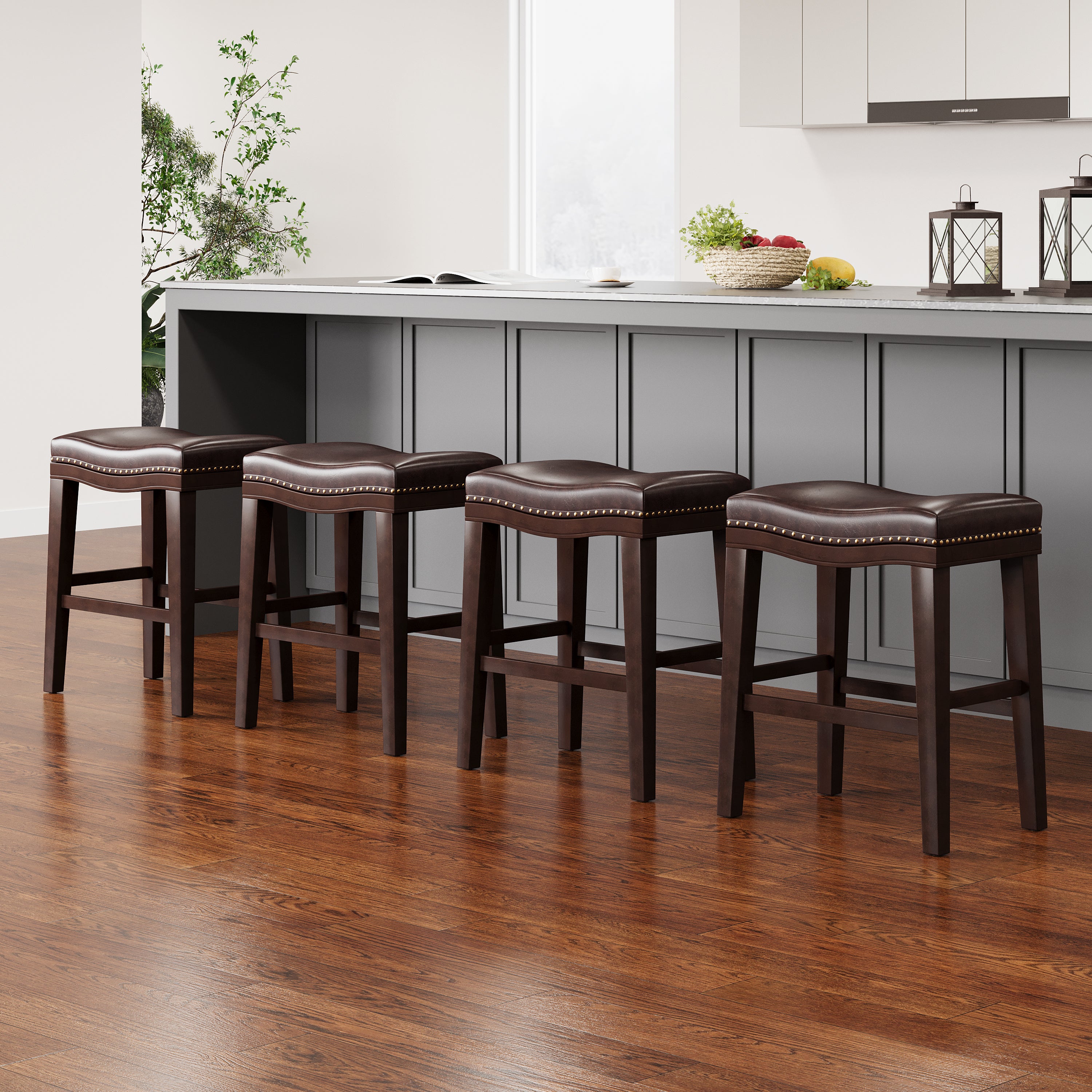 26" Upholstered Saddle Counter Stool with Nailhead Trim, Set of 4