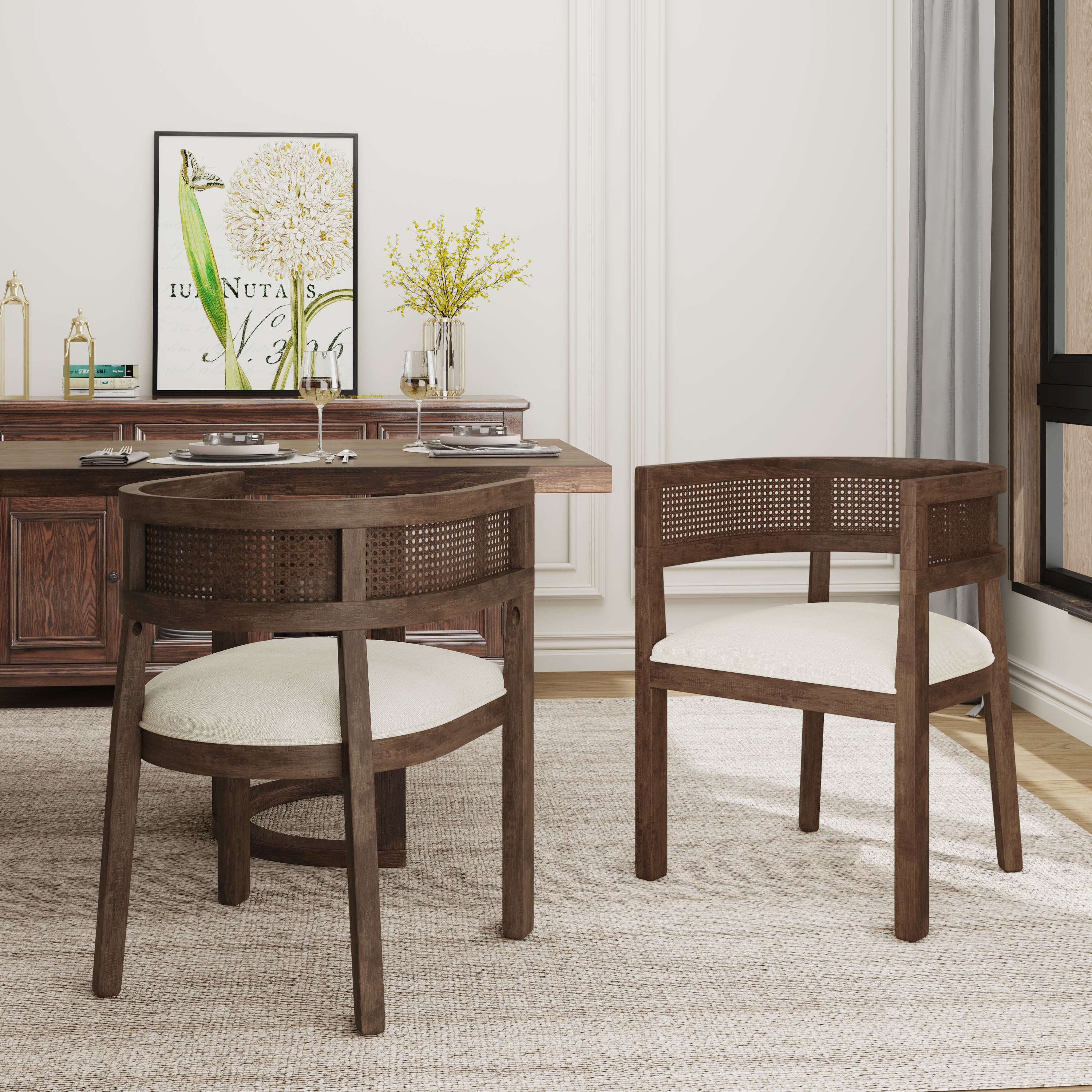 Barrel Dining Chair with Rattan Back, Set of 2