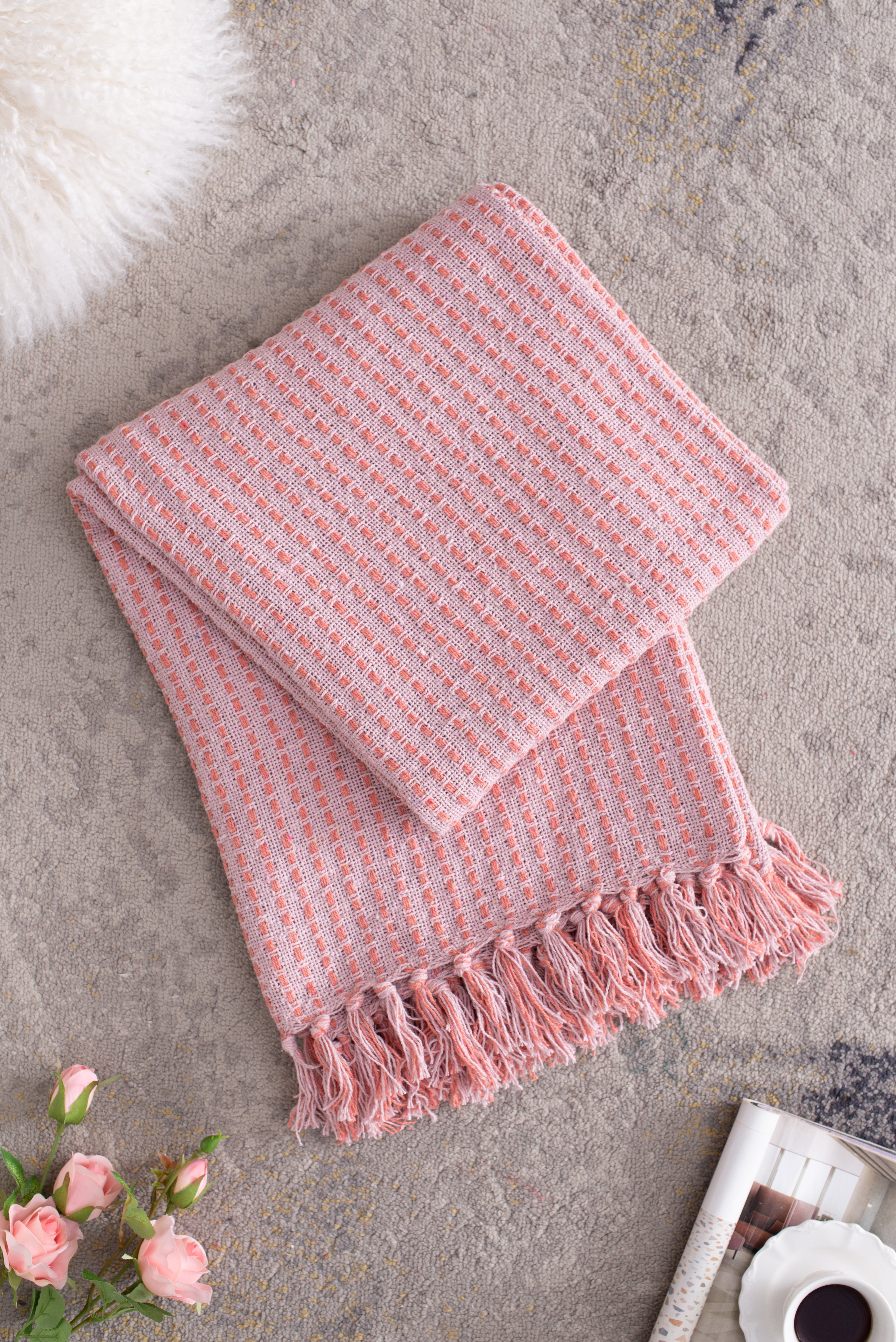 50x60' Decorative Pink Cotton Throw Blanket with Tassels, 2 Pack