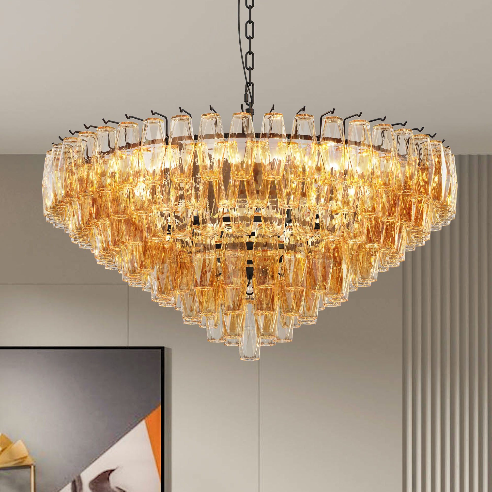 37" Extra Large Chandelier, 14-Light Gold Modern Round Chandelier for Living Room, Tiered Smoke Blown Glass Brass Chandeliers, Hanging Light Fixture for Bedroom, Dining Room, Foyer, Entryway