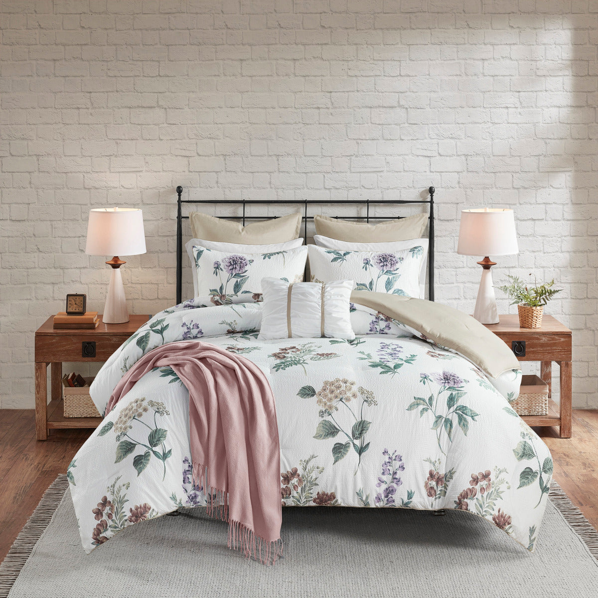 7 Piece Floral Printed Seersucker Comforter Set with Throw Blanket