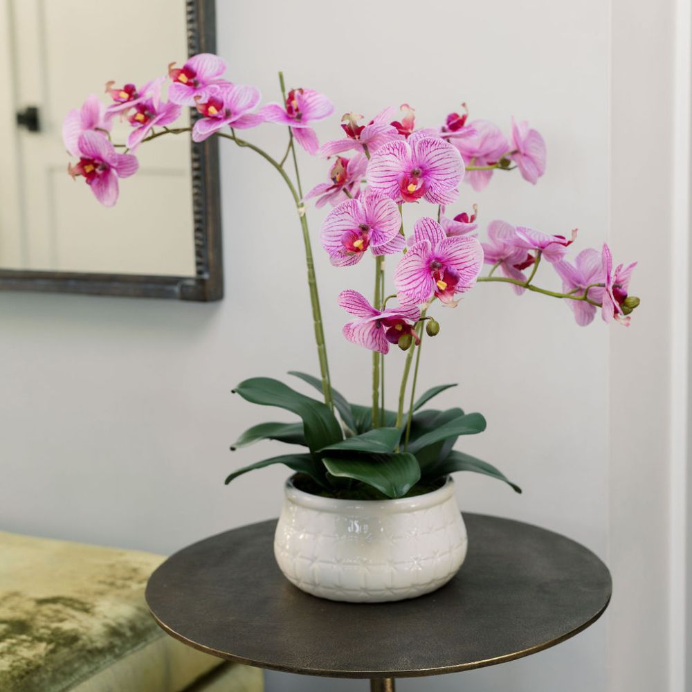 23" Faux Orchid Arrangement in Purple - Lifelike Phalaenopsis in White Ceramic Pot