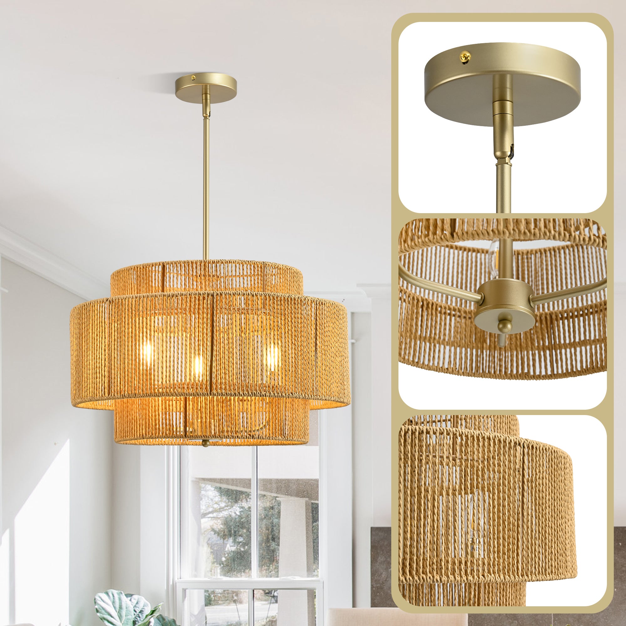 Boho Rattan Chandelier, 3-Light