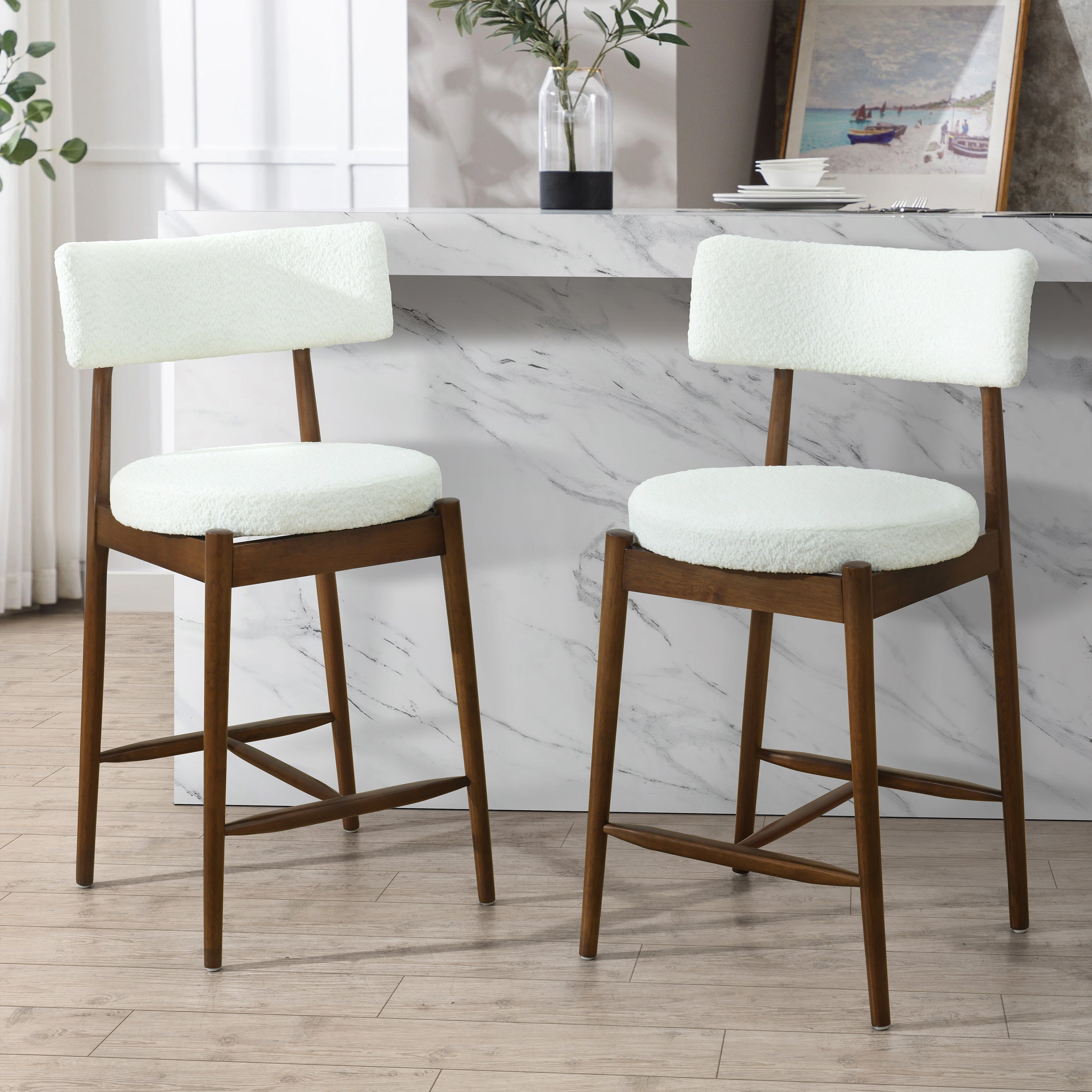 Harveston Mid Century Modern Boucle Upholstered Counter Stools, Set of 2