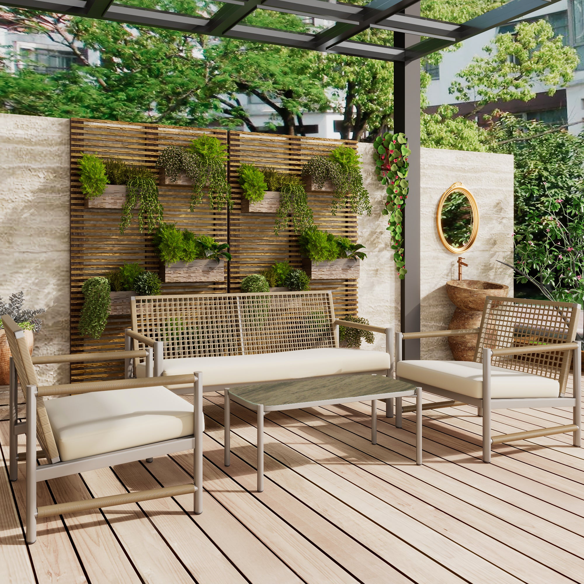 4-Piece PE Rattan Patio Set with Glass Tabletop, Loveseat and 2 Single Sofas