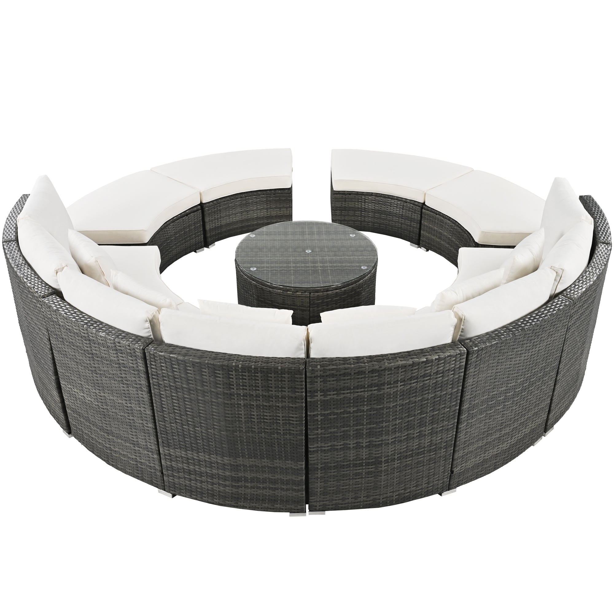 9-Piece Outdoor Circular Sofa Set with Tempered Glass Coffee Table and 6 Pillows