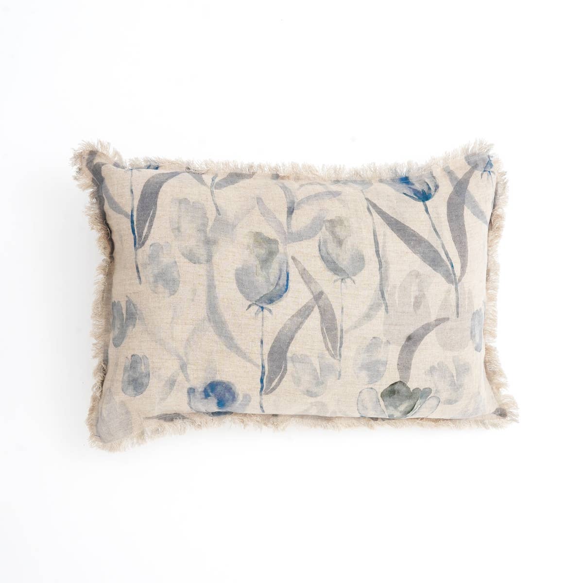 Linen-Printed-Lumbar-with-Fringes-(Blue-&-Grey)-Textiles