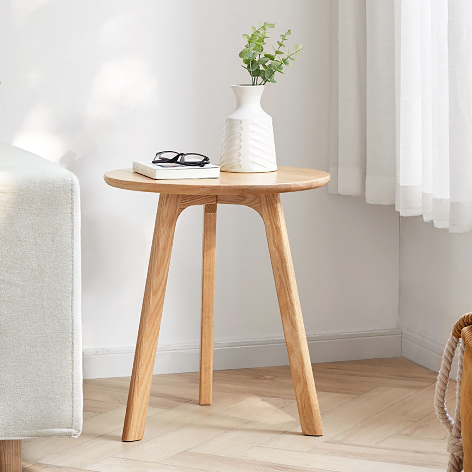 Round Side Table with Solid Oak Wood Frame