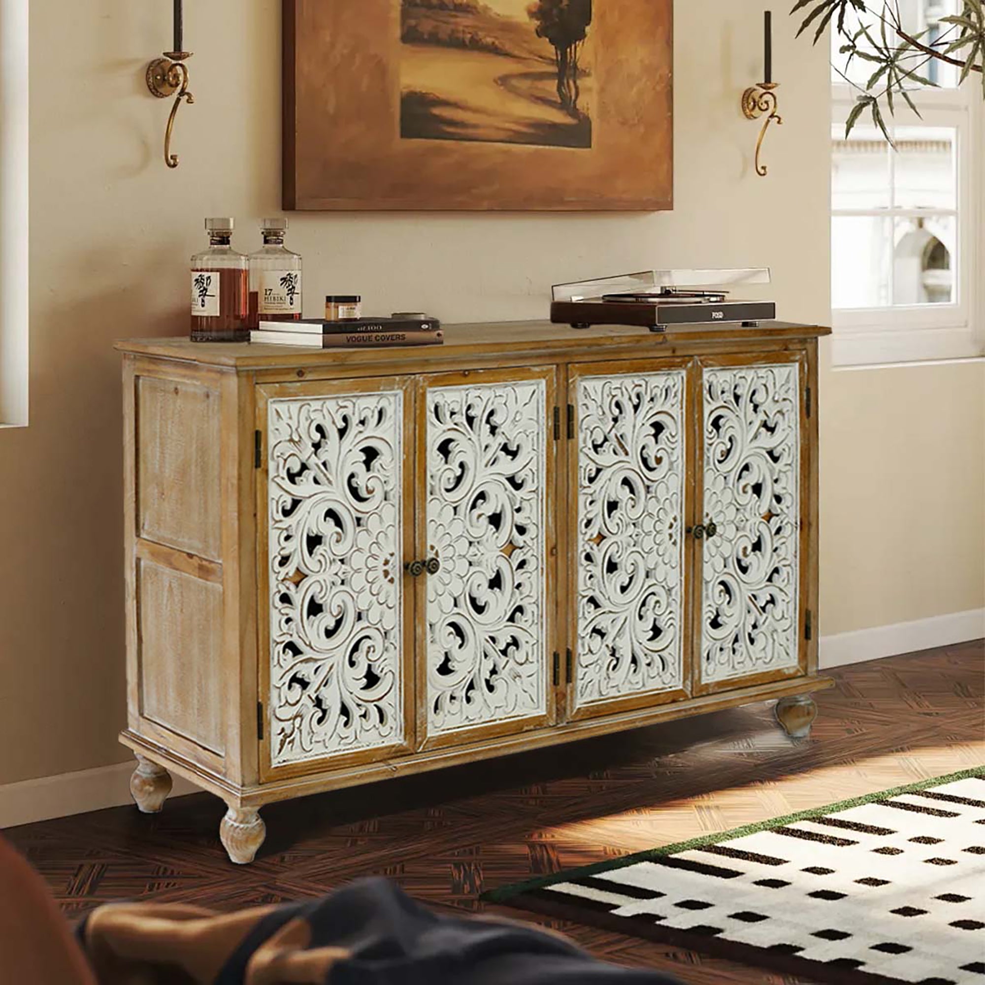 Accent Cabinet with 4 Carved Floral Doors