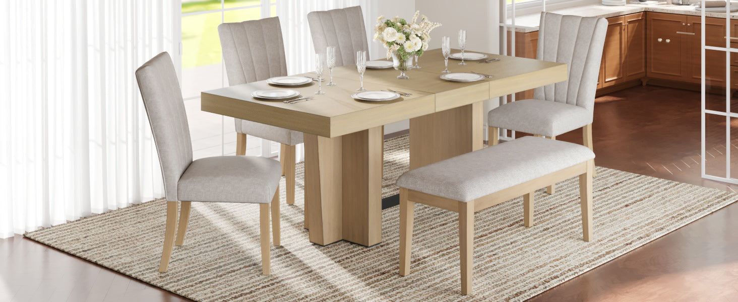 Meadowlark Farmhouse Extendable Wood Dining Table with 4 Upholstered Chairs & Bench