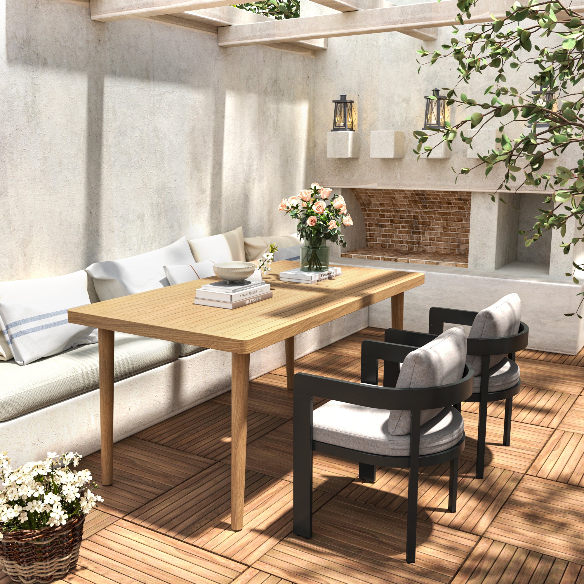 Magnesite 3-Piece Outdoor Dining Set with 2 Curved Chairs and Wood Table