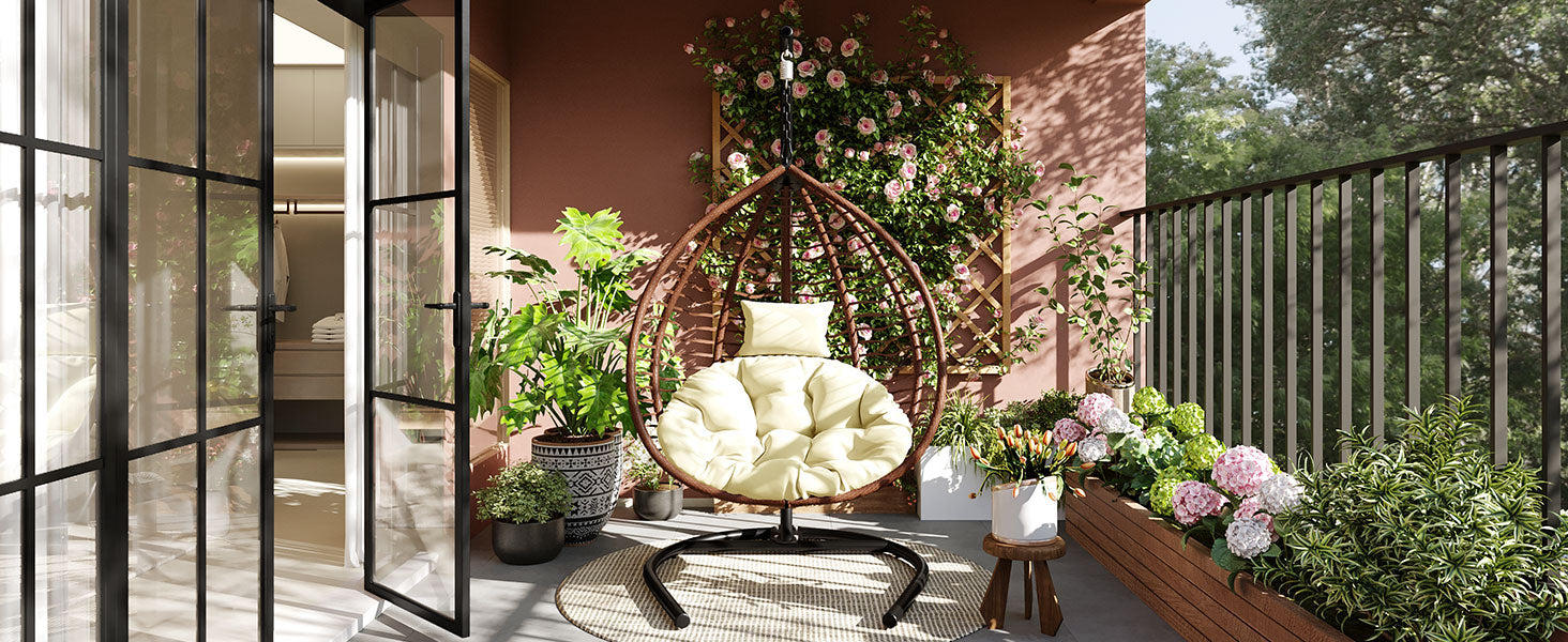 Foldable Rattan Egg Swing Chair with Iron Frame, Plush Cushion & Removable Headrest
