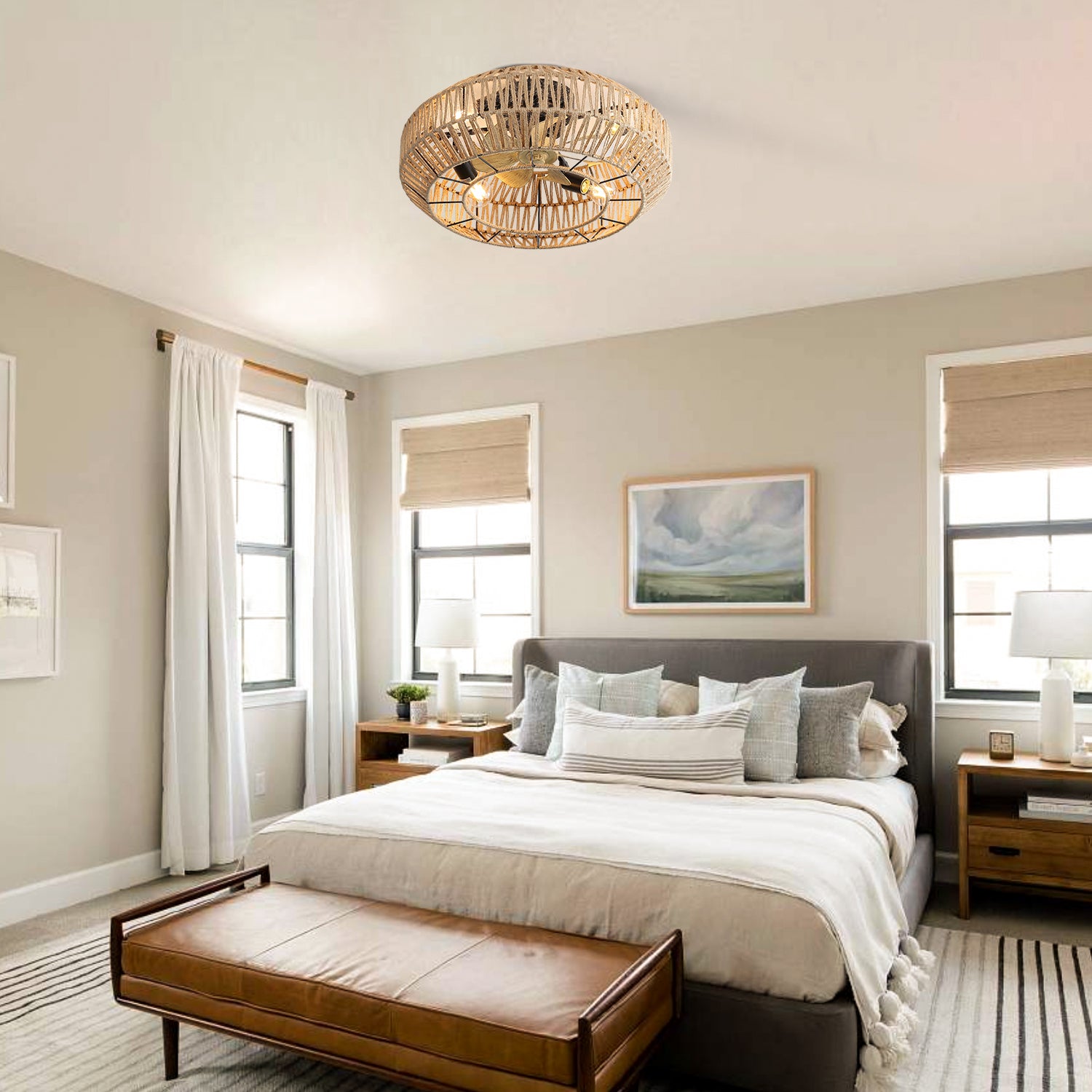 22" Ceiling Fan Light with Enclosed Rattan and 6 Speeds Option