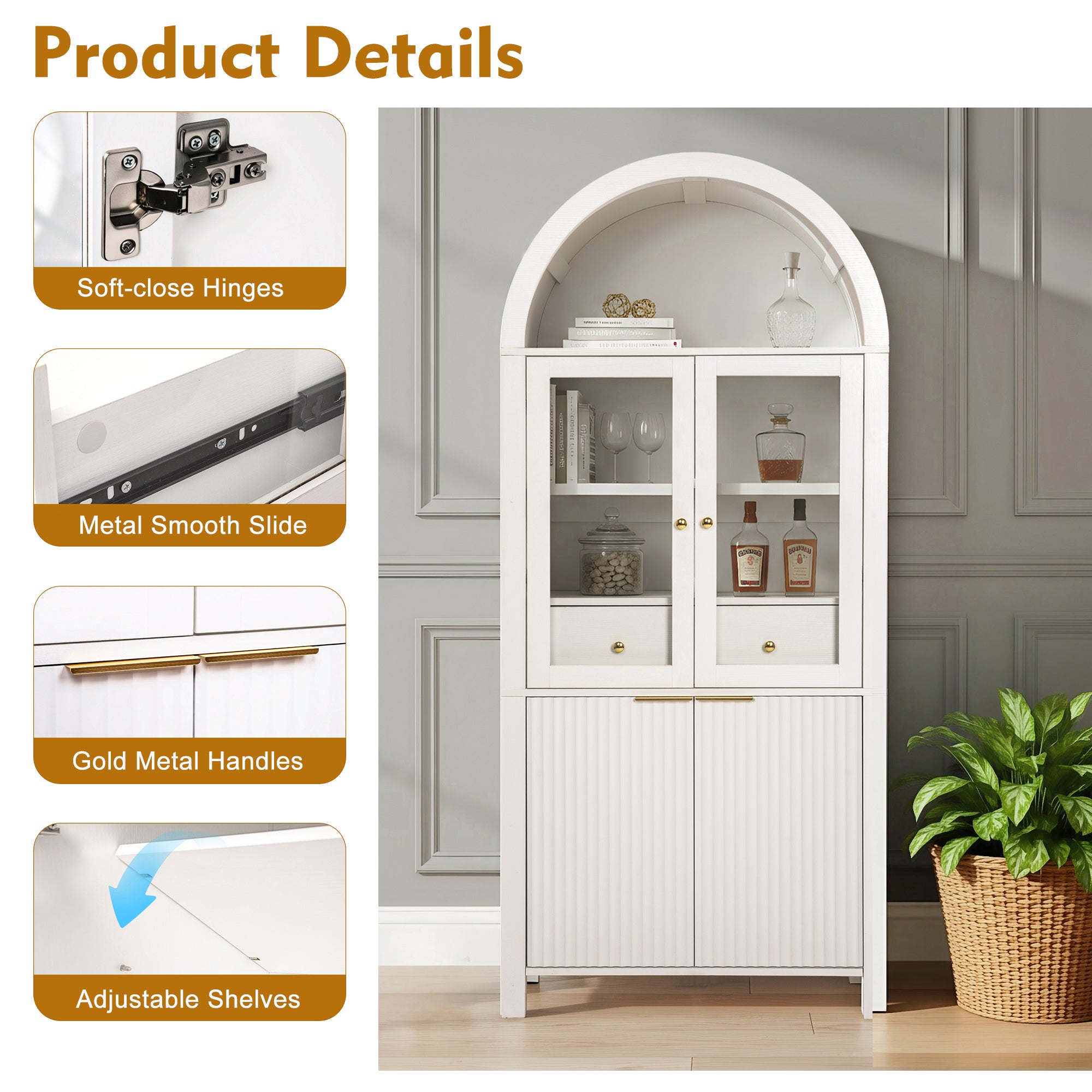 Fluted Arched Storage Cabinet with Adjustable Shelves