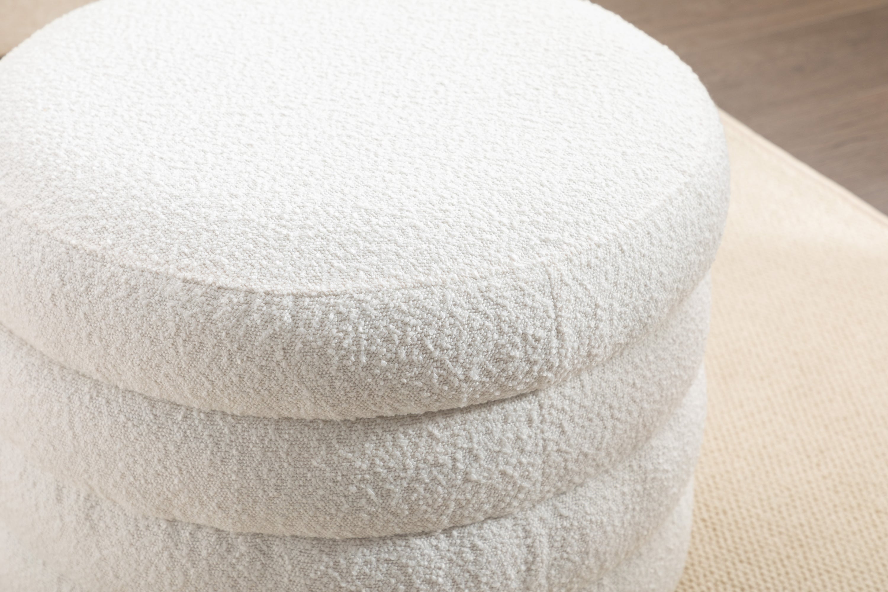 Boucle Storage Round Ottoman Footstool With Wooden Shelving