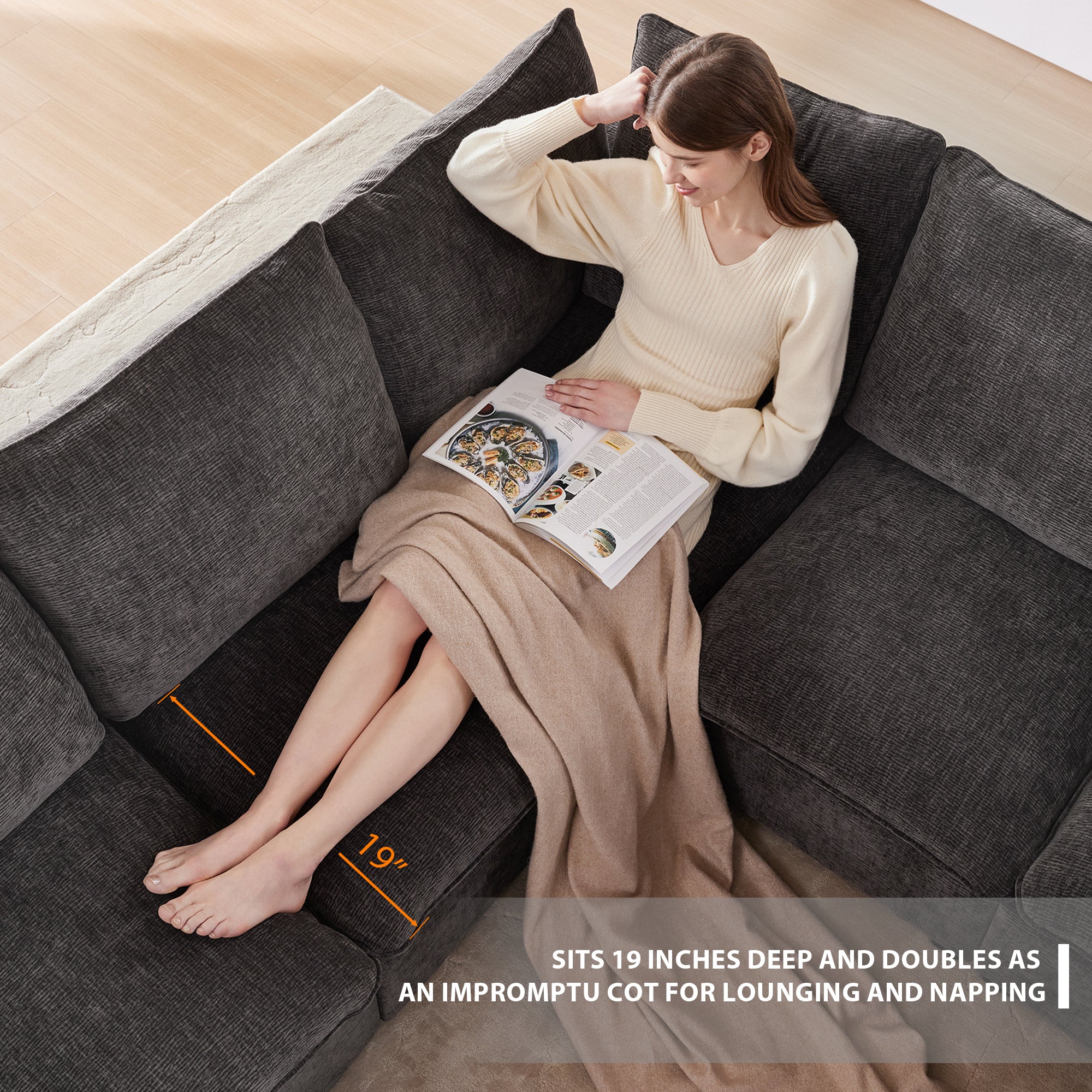 Chenille Modular Sofa with 2 Pillows, Seats 4