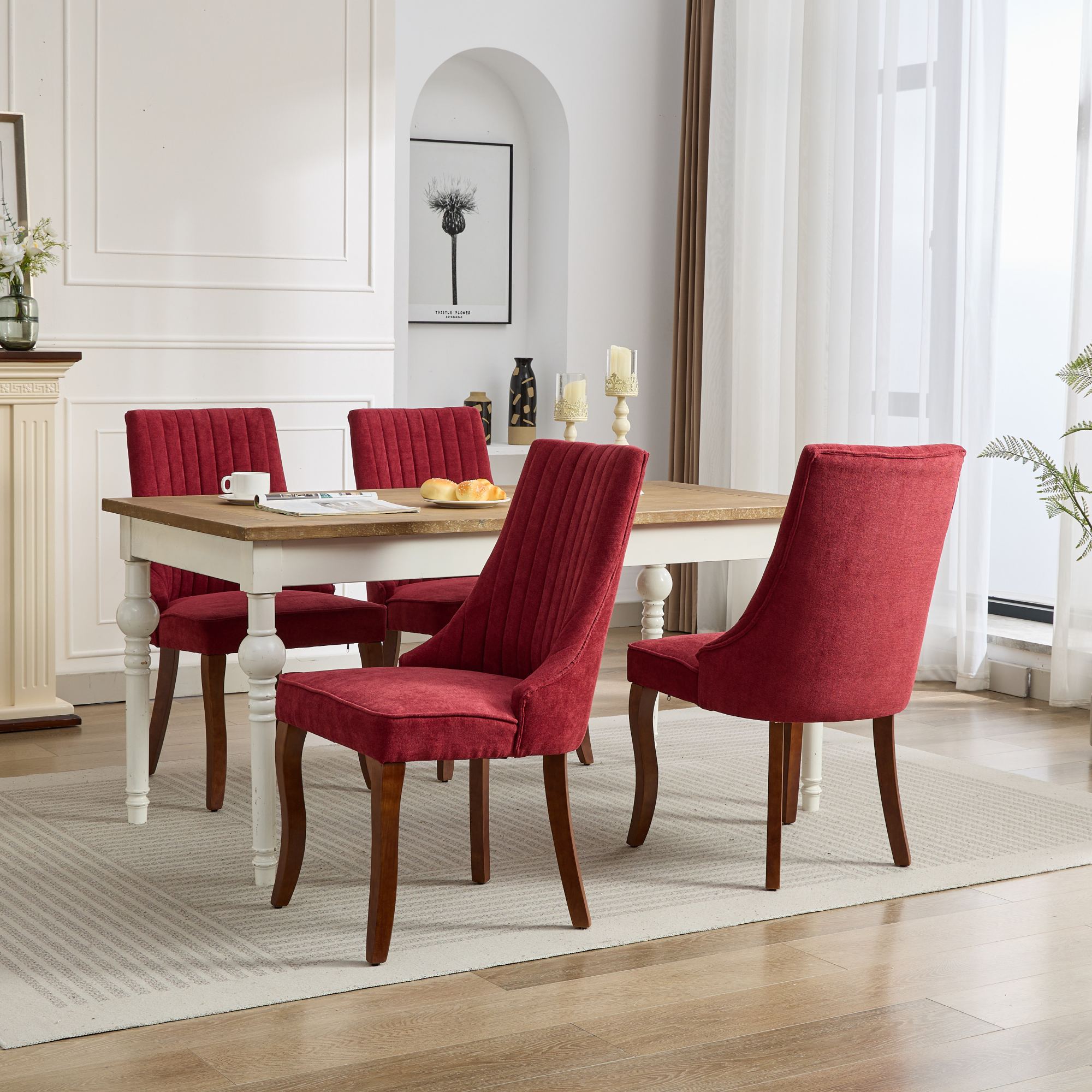 Rayon Cloth Flocking Linen Dining Chairs Channel Kitchen Dinner Chair Comfy Fabric Upholstered Accent Chair for Dining Room with Curved Solid Wood Legs,Set of 2 (Wine Red), SW1847WR