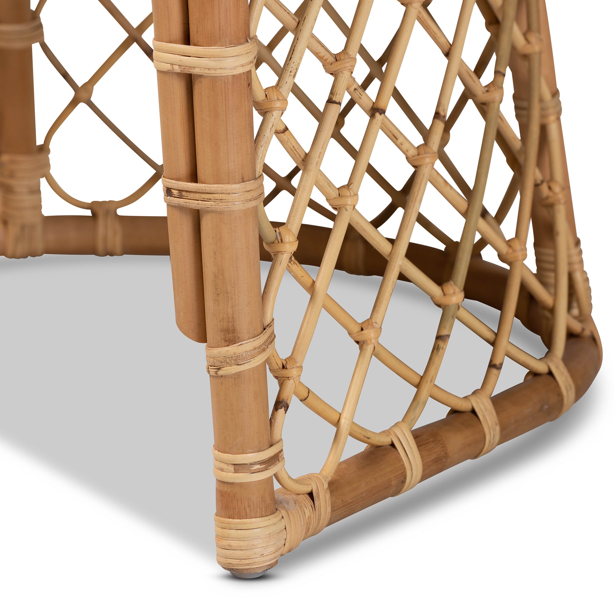 Modern Bohemian White Fabric Upholstered and Natural Brown Rattan Dining Chair