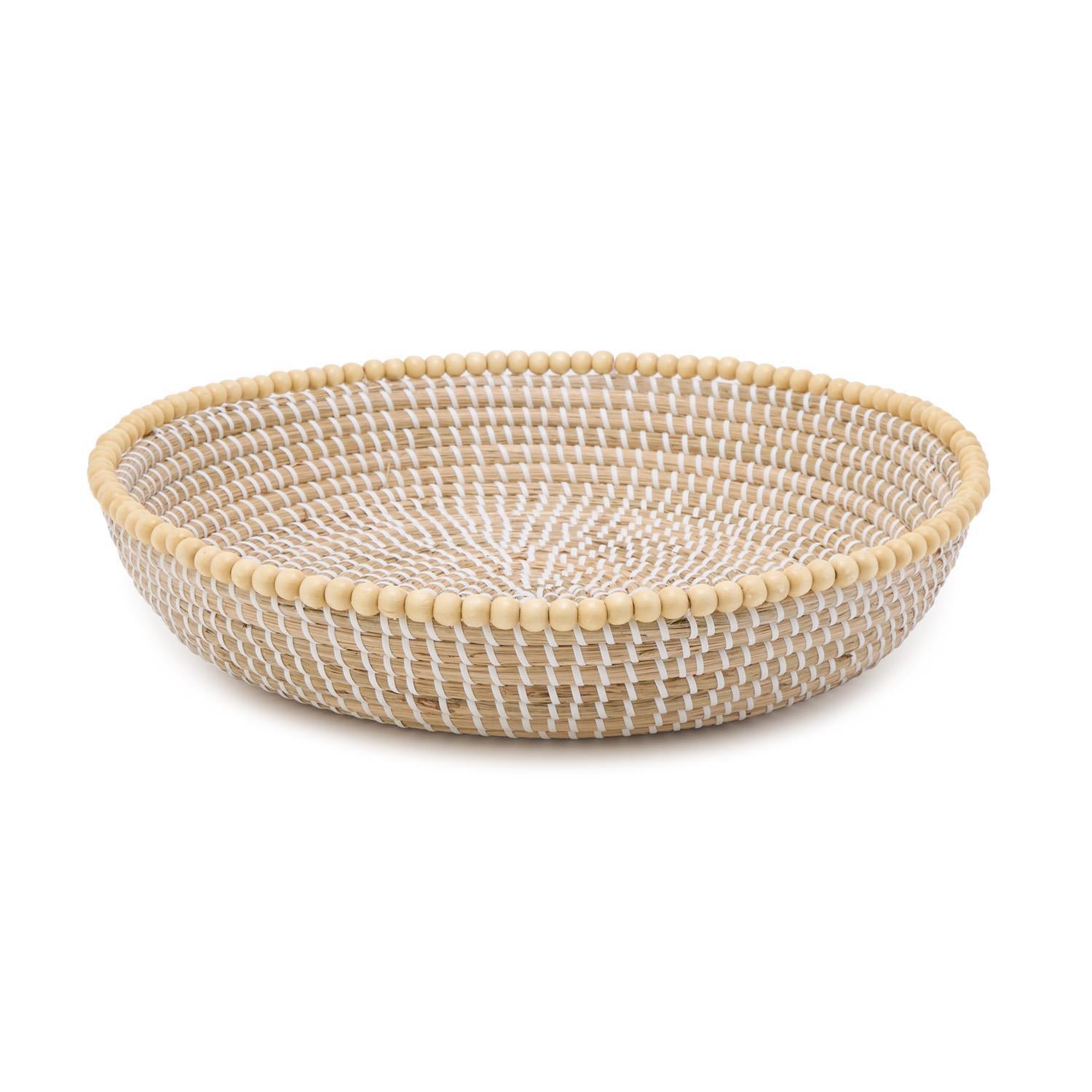 Natural Seagrass Round Serving Tray with Decorative Wooden Bead Accent, Set of 3