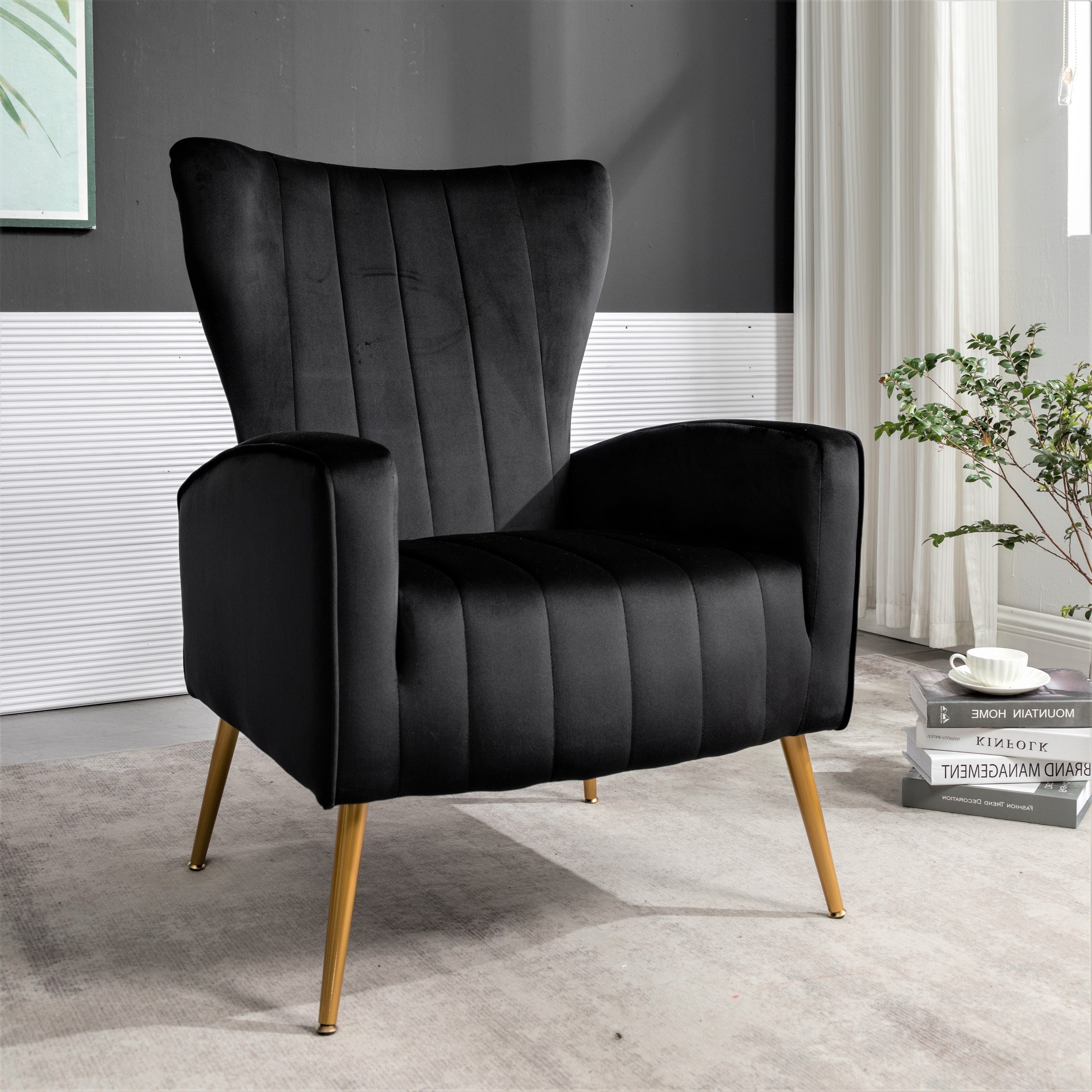 Velvet Accent Wingback Armchair with Metal Legs