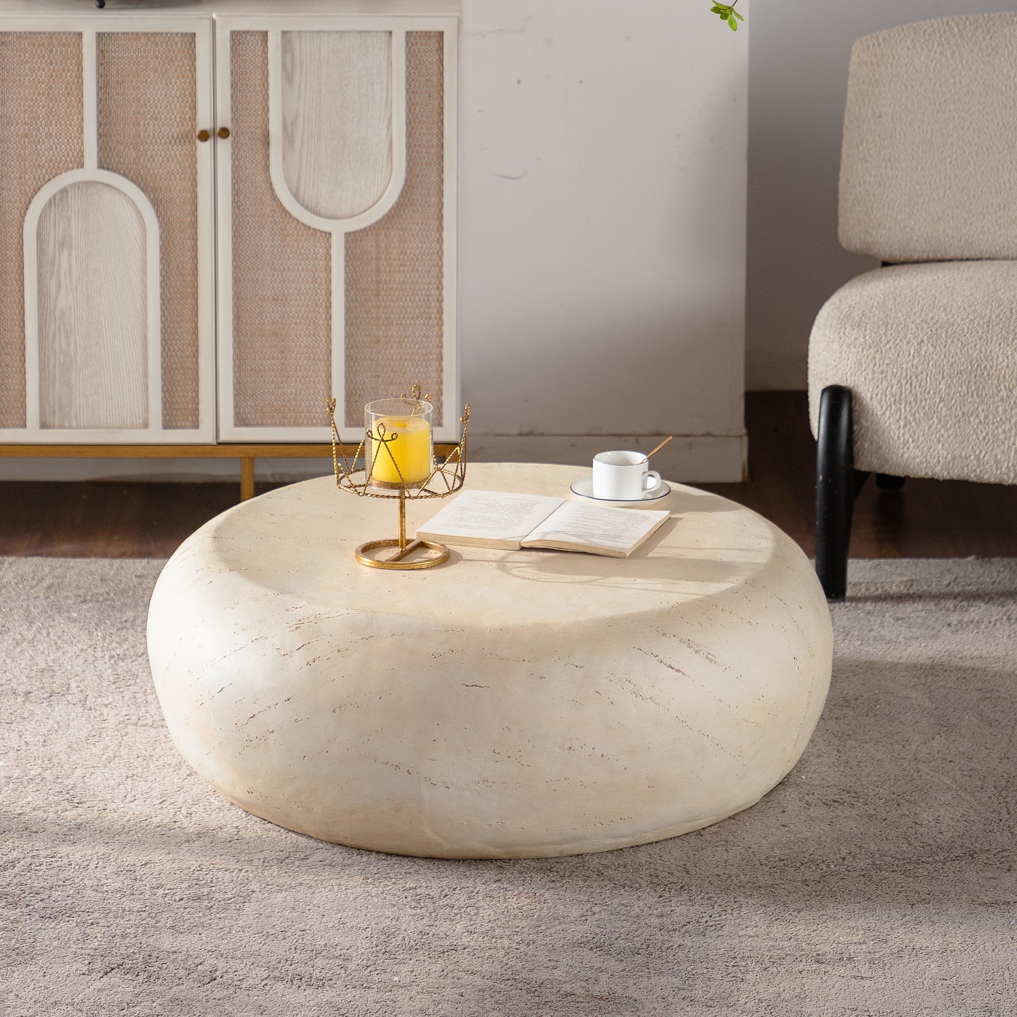 Round Stone-Look Modern Coffee Table