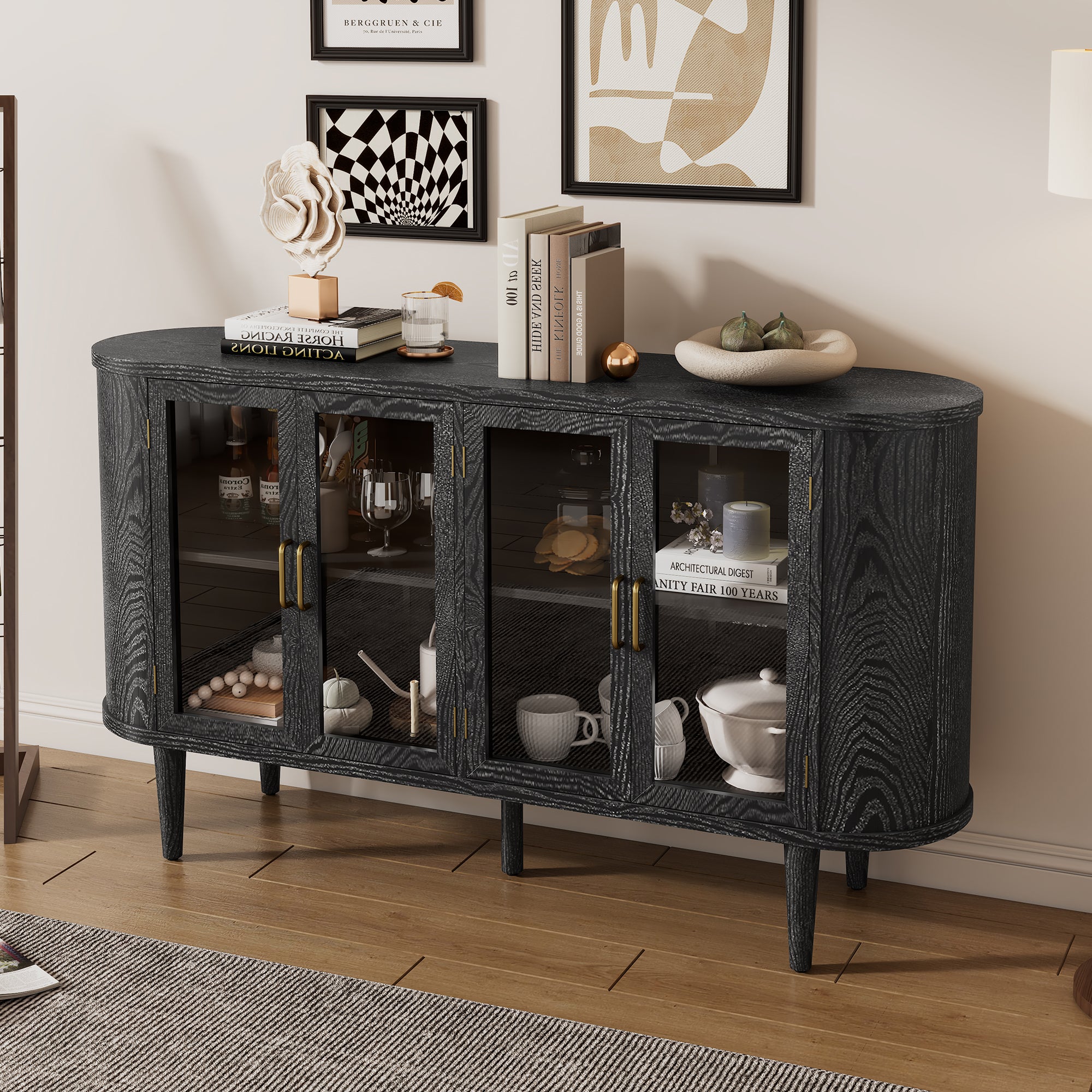 Wood Buffet Cabinet with Glass Doors and Adjustable Shelves