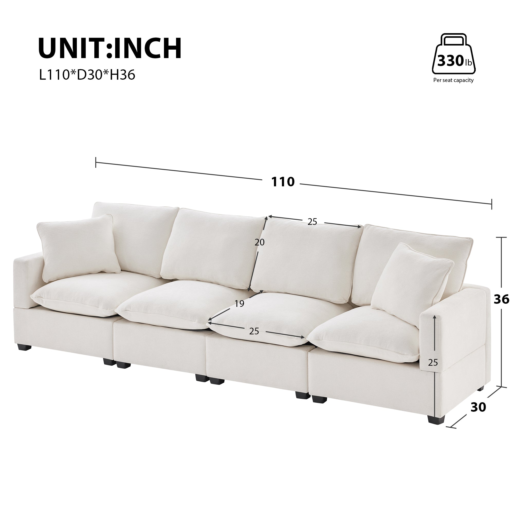Chenille Modular Sofa with 2 Pillows, Seats 4