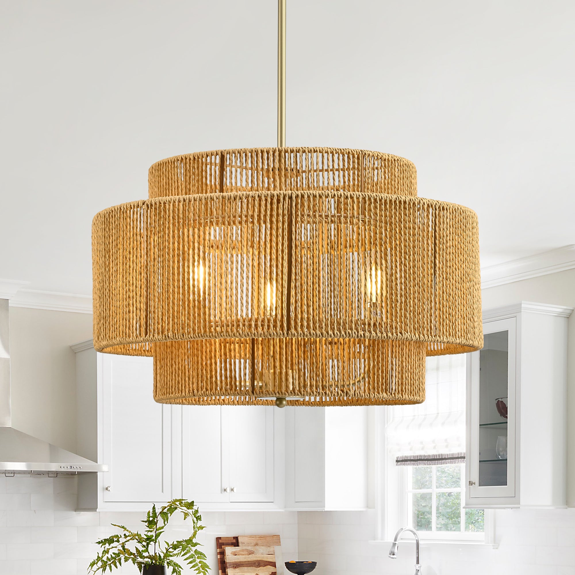 Boho Rattan Chandelier, 3-Light