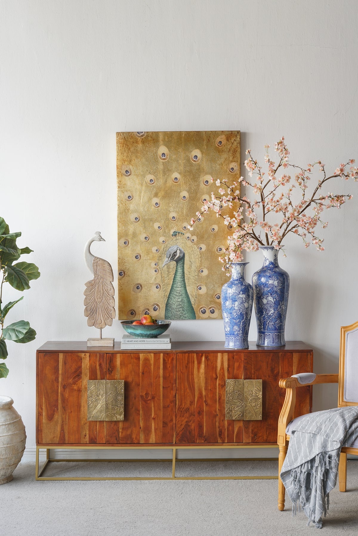 Hand-Painted Peacock Wall Art with Textured Gold Background, 30.7" x 46.5"